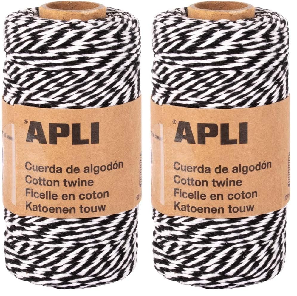 APLI 19843 - Cuerda de algodón Bicolor para Envolver Regalos, Hilo Negro y Blanco Ideal para Manualidades o Decoraciones en Navidad o Cualquier celebración, Bobina de 100x2mm (Paquete de 2)