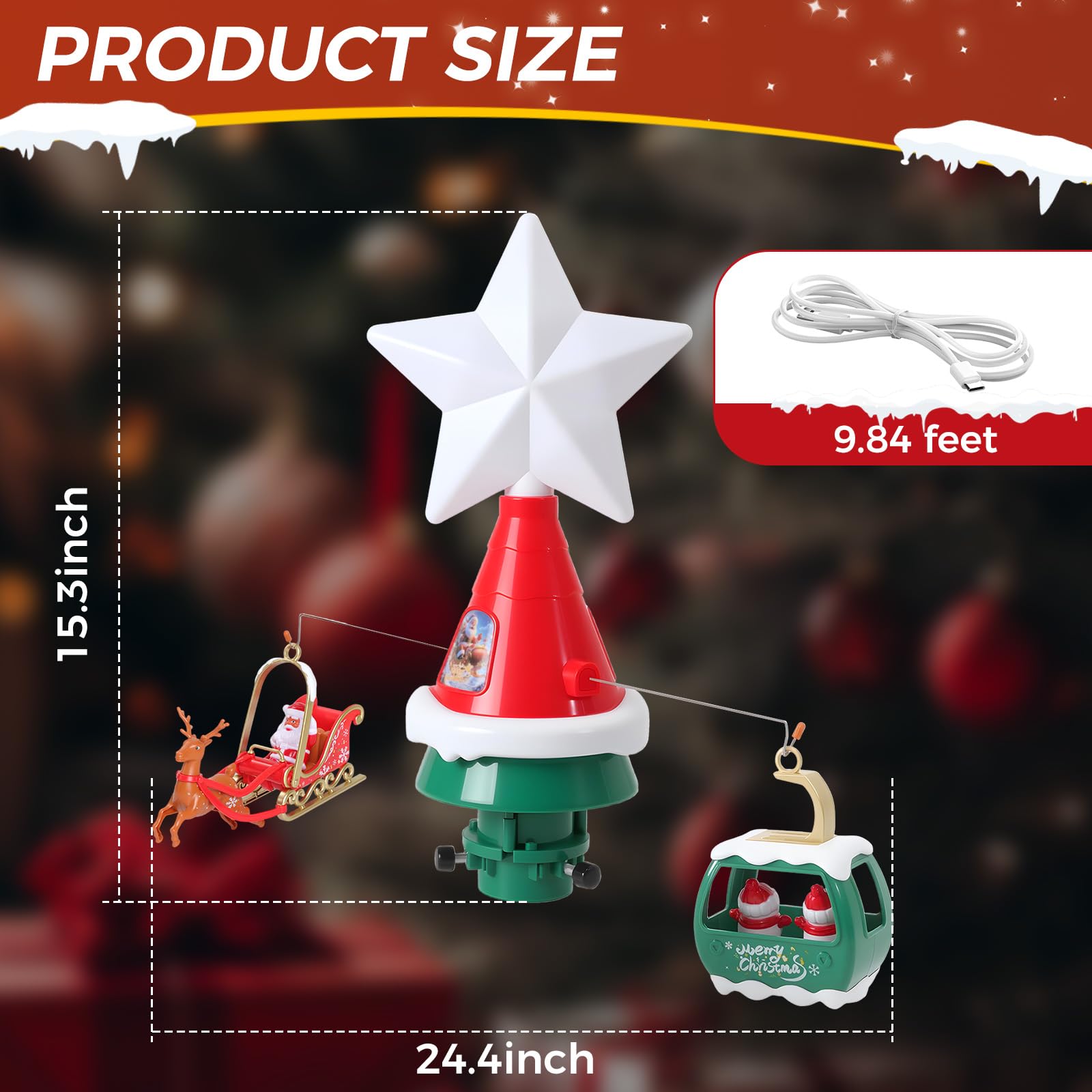 Decoración giratoria para árbol de Navidad con estrella LED, trineo de Papá Noel y teleférico, decoración musical alimentada por USB