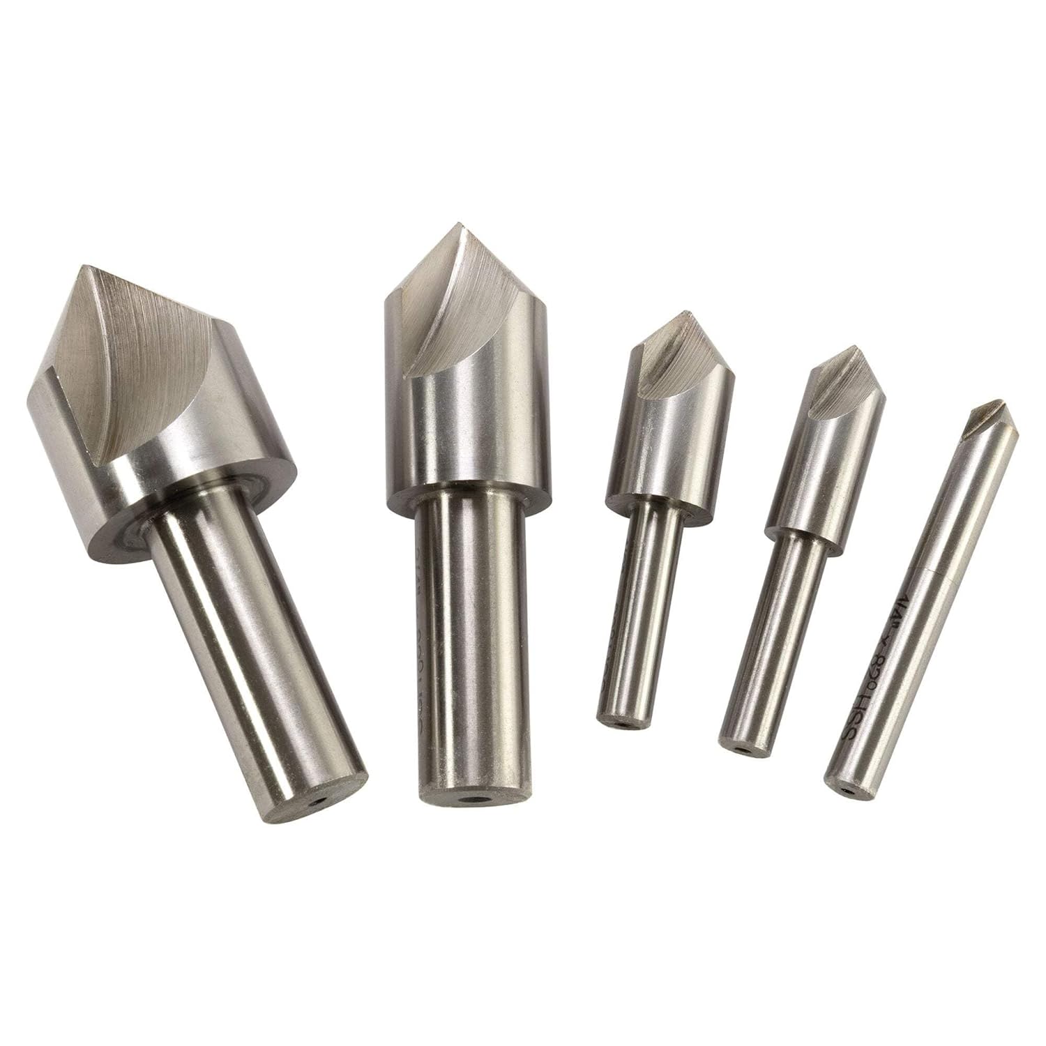 82 Degree Single Flute Countersink Set of 5-82 Degree Point Angle - 1/4", 3/8", 1/2", and 3/4", and 1" Diameter Countersinks, LittleMachineShop.com (4540)