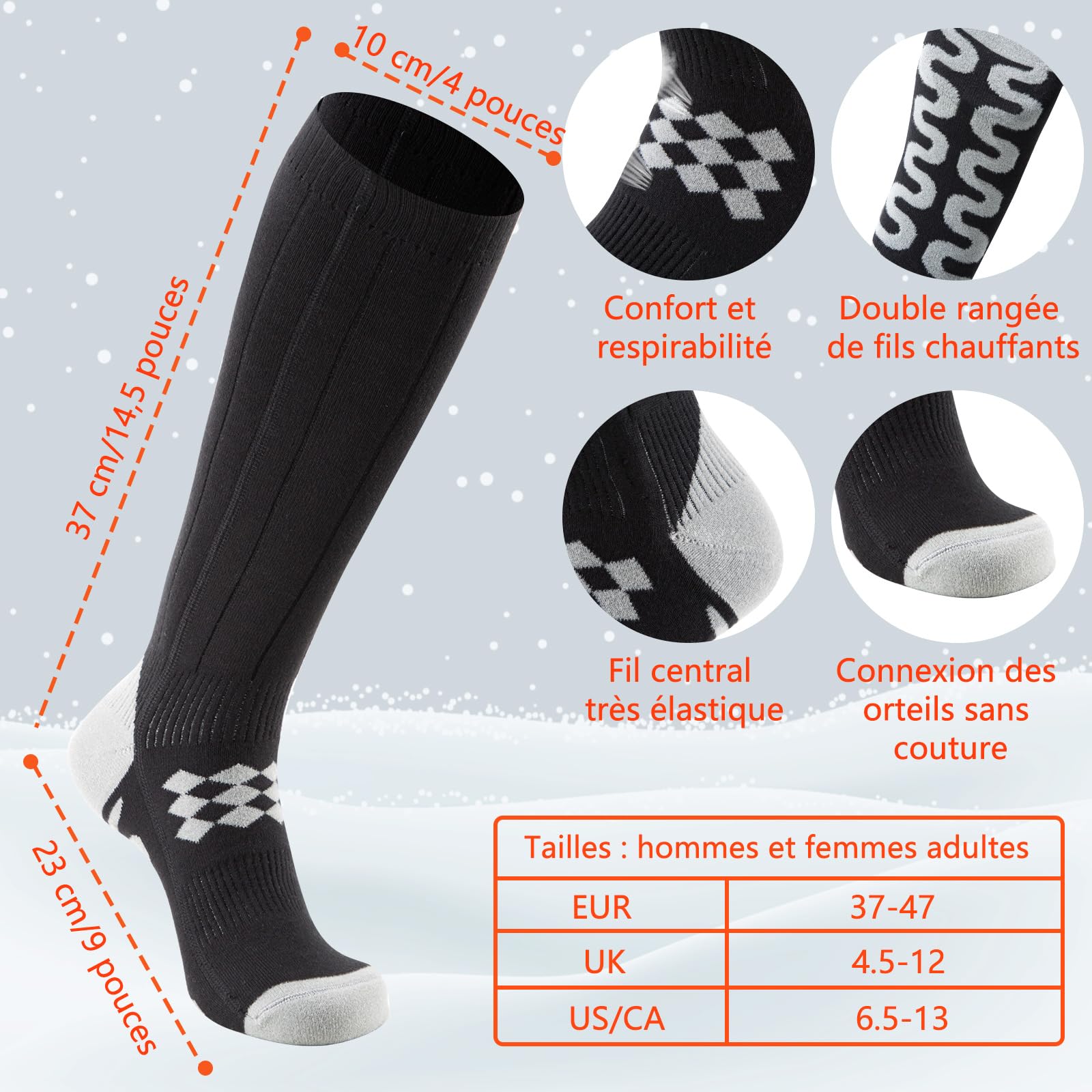 Chaussettes Chauffantes pour Homme et Femme, Électriques 9000mAh avec 3 Températures Réglables Chaussette Chauffante pour Ski, Cyclisme, Extérieur, Camping(12 à 18H de Travail)