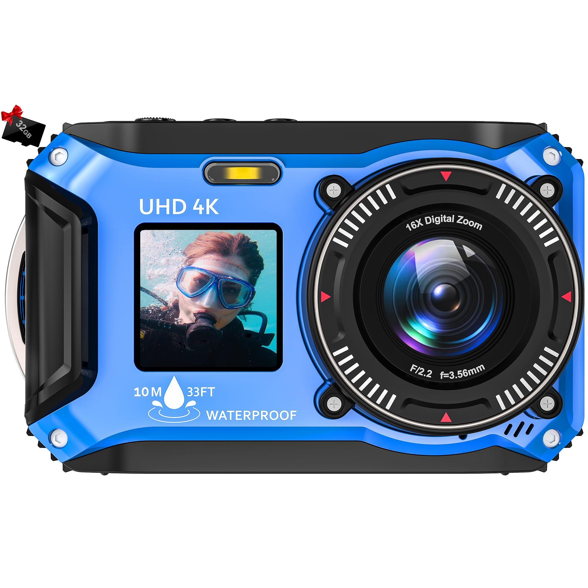 Appareil Photo Numérique Etanche, Yixinxin 4K 64MP 33FT UHD Appareil photo sous-marin pour la plongée avec tuba avec carte de 32 Go Double écran Appareil photo flottant compact étanche à l'eau et à la