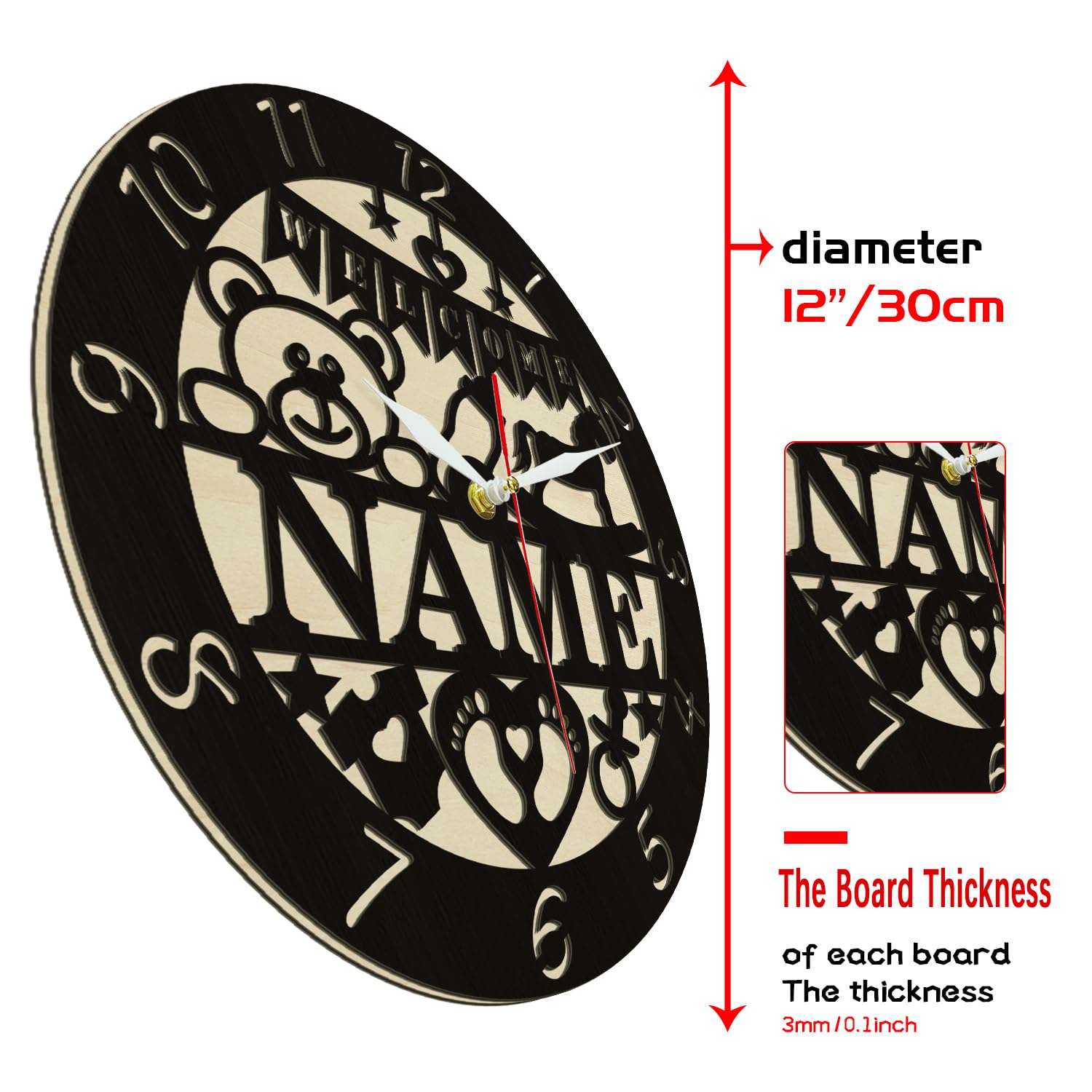 Timethink 12 Inch Newborn Baby Wood Wall Clock with Personalized Name, Rustic Decorative Wooden Round Clock Wall Watch Silent Non Ticking Wall Clock Battery Operated for Baby Room Housewarming Gift