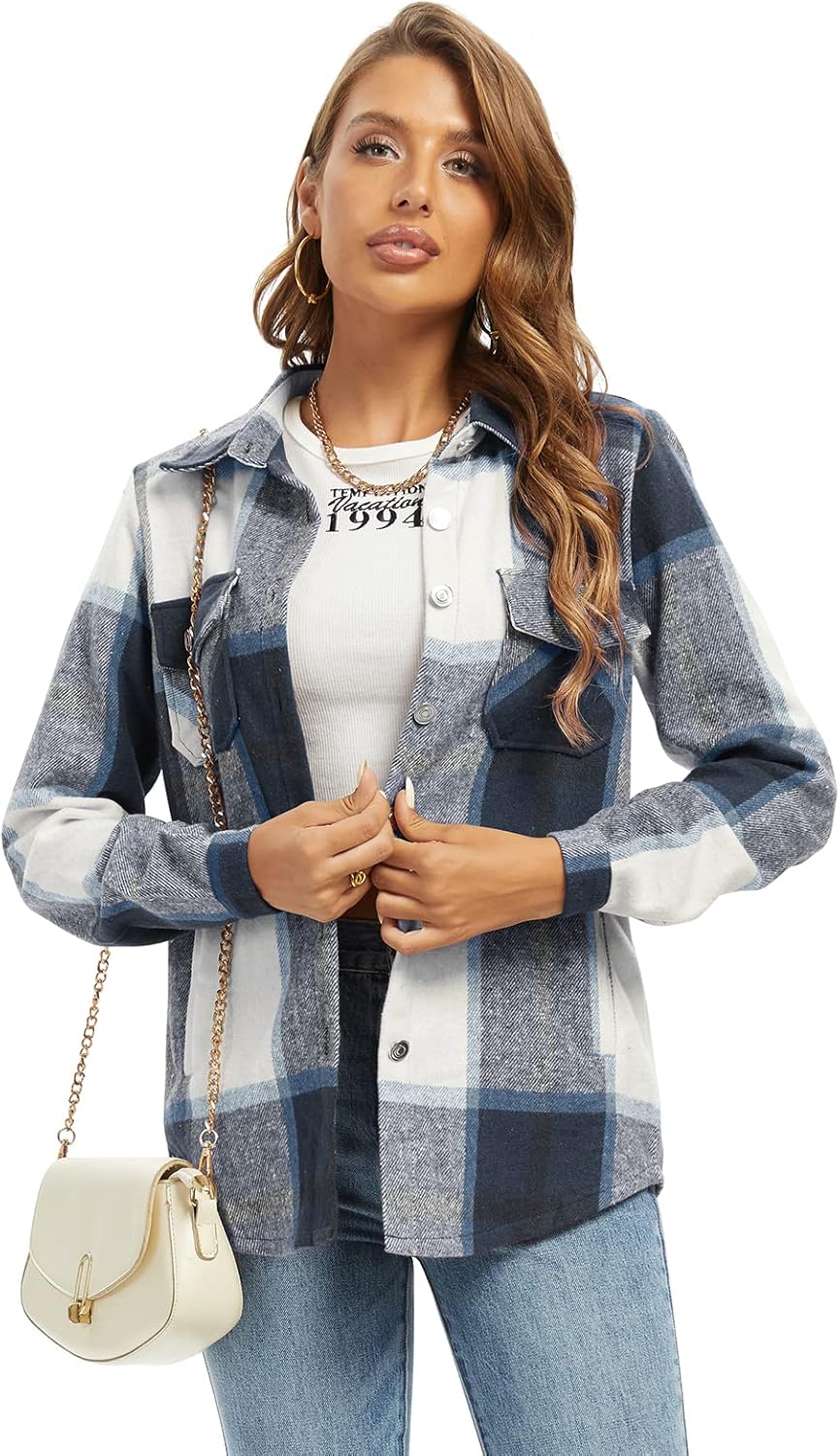 Women's Flannel Plaid Shacket Jacket Fashion Button Down Long Sleeve Casual Shirt Shackets Fall Clothes for Women