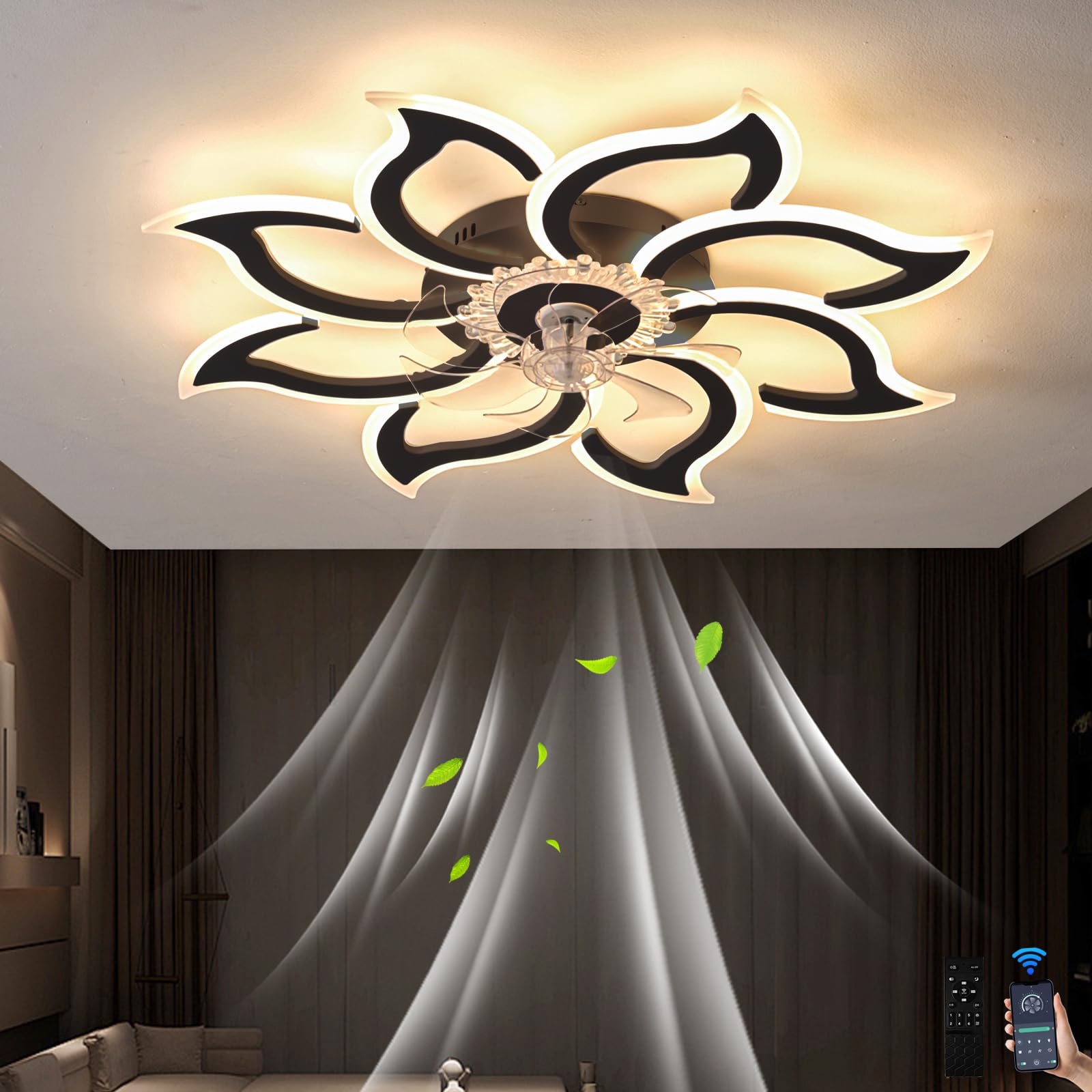 Inrosy Ceiling Fans with Lights and Remote, 94cm Modern Smart Led Flower Fan Light, 6 Speeds and 3000k-6500k Dimmable Quiet Fan Light for Bedroom Living Room Dining Room Black