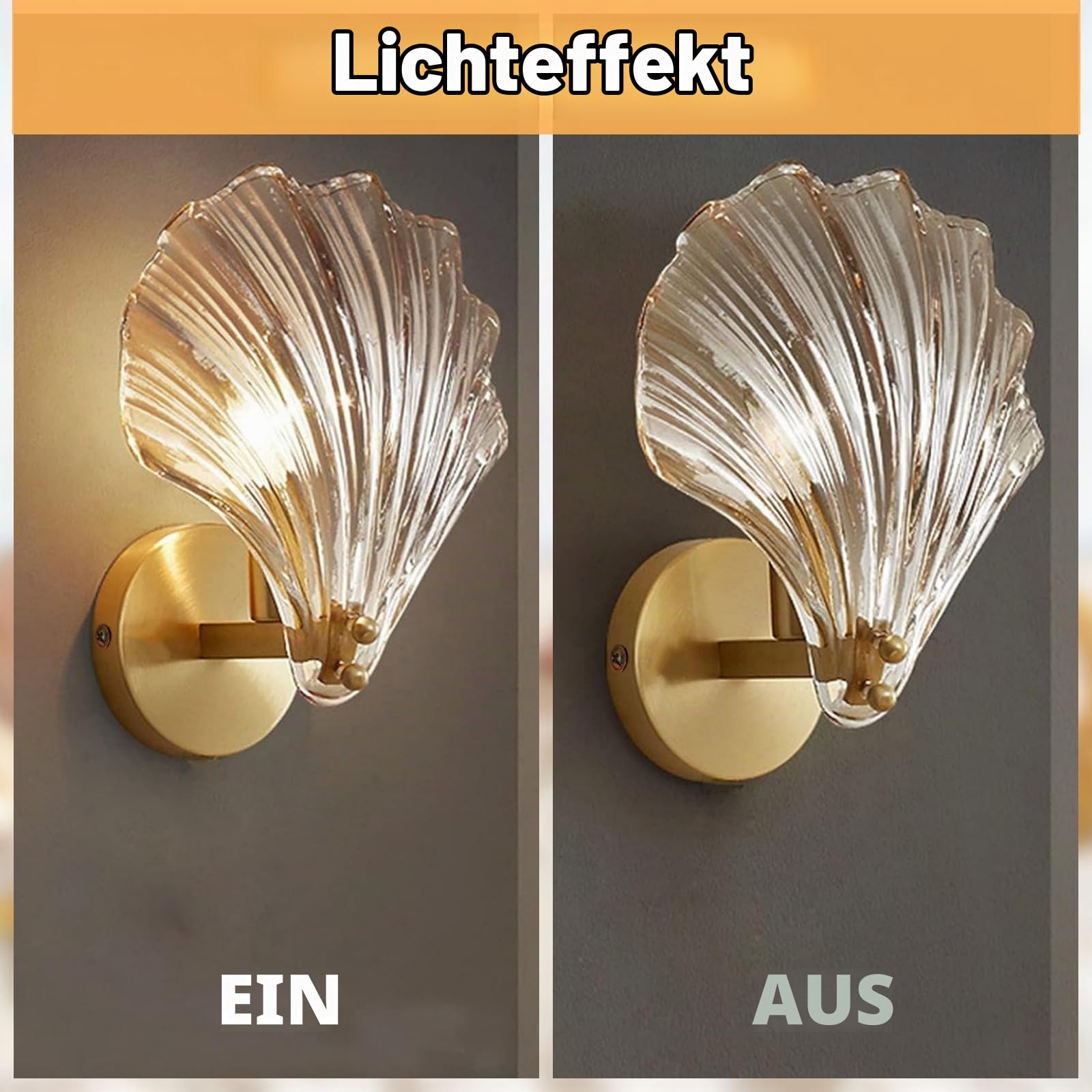 zhxinashu Wandleuchte Muschel,Wandlampe Glas für Schlafzimmer,Bernstein | Art-Deco-Wandleuchte Modern, E14-Leuchtmittel nicht enthalten, für Schlafzimmer, Wohnzimmer, Flur, 20 x 22 cm