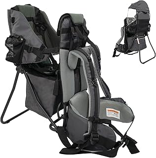 Baby Backpack Carrier for Hiking, Toddler Hiking Backpack with Rain & Sun Hood Adjustable Straps & Waist Belt Ergonomic Child Carrier Foldable Frame Lightweight Large Capacity for Outdoor Travel