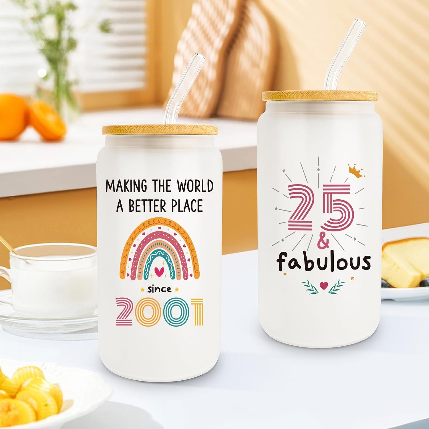 Frerdui 25th Birthday Gifts for Women, Fabulous 25 Birthday Glass Cup Gift for 2001 Born Women, Happy 25th Bday Present for Sister or Her, 16oz Glass with Lid & Straw