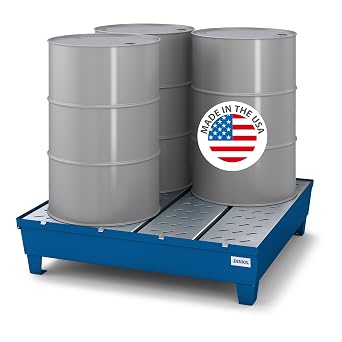 DENIOS Spill Containment Pallet - 4 Drum - Extra Durable Painted Steel, 66 Gal Sump, 49"x48"x12", Removable Galvanized Grating, Forklift Access - Ideal for Chemical Spill Containment Tray