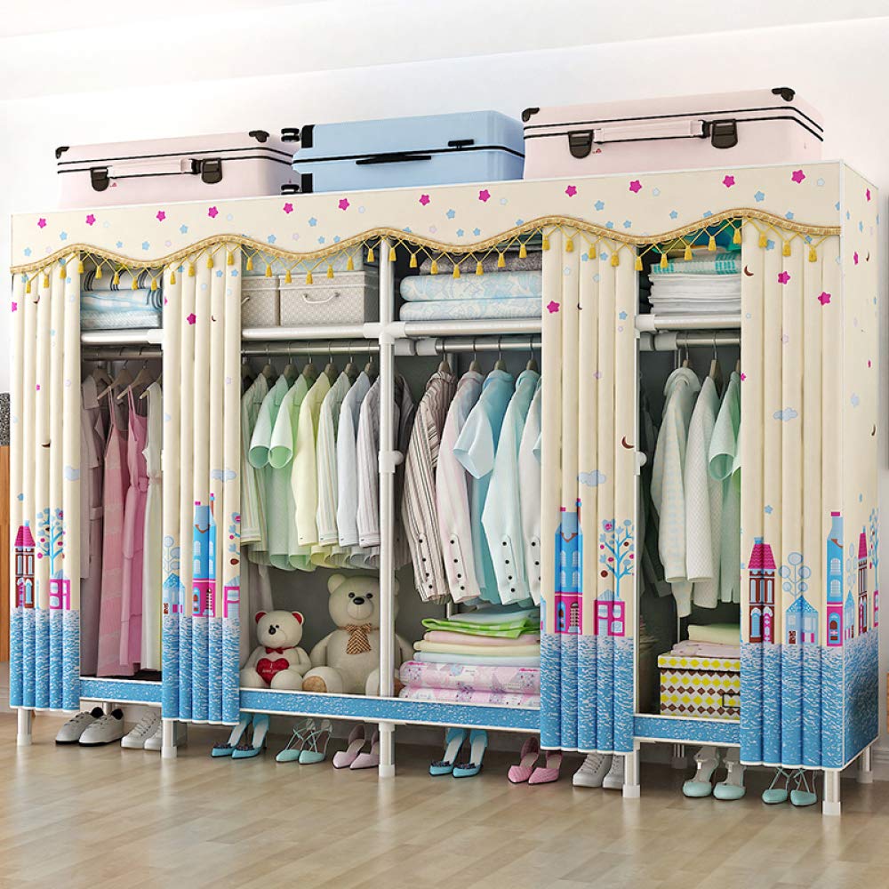 Armoire portable 200cm en tissu flanelle pêche avec rideau pour rangement vêtements