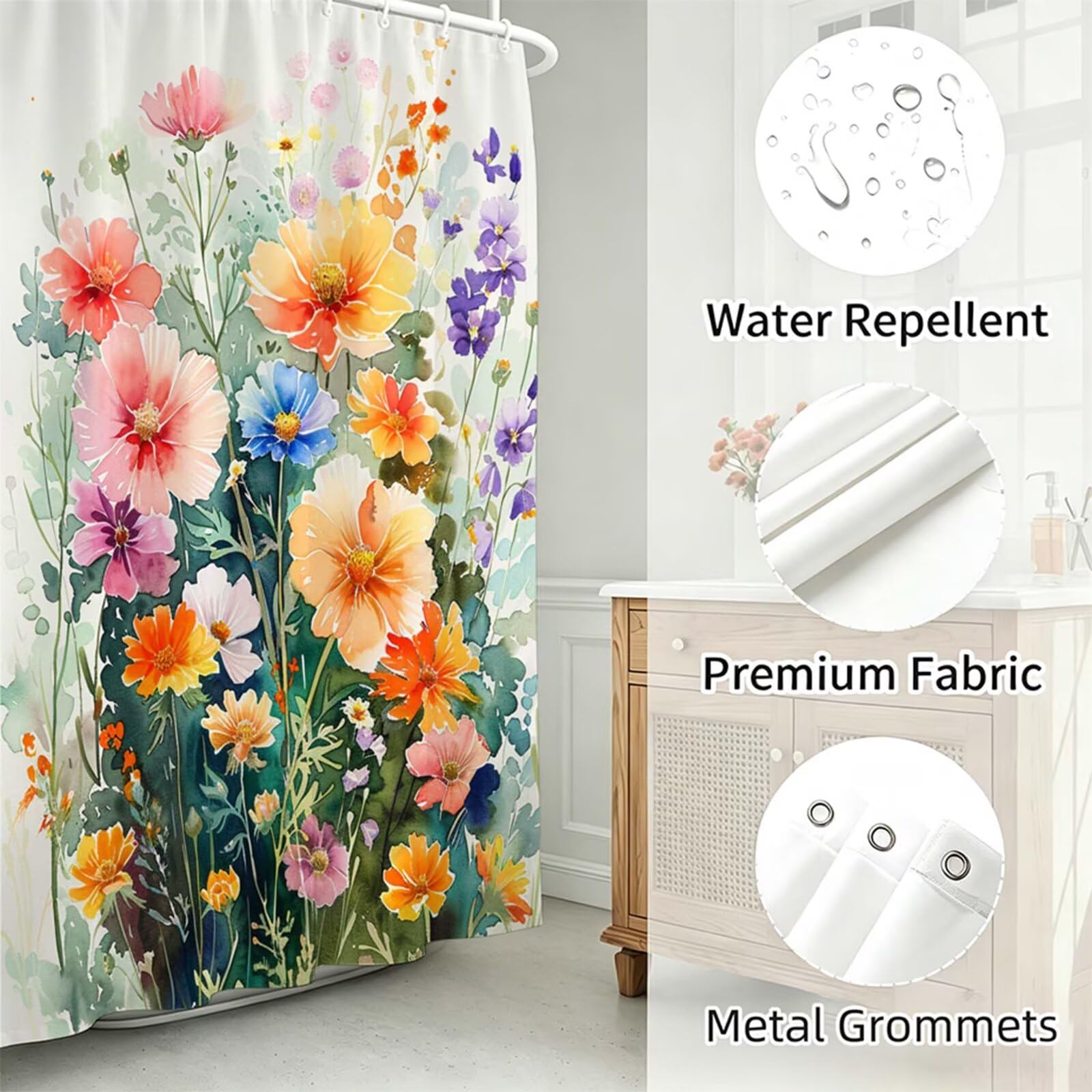 Duschvorhang 200x250cm, Duschvorhang Badewanne Beige, Shower Curtain mit Ösen und 12 Duschringen, Beschwerter Saum, Maschinenwaschbar, Schnell Trocknend, Wasserdicht Polyester, Blumenbeet J-740