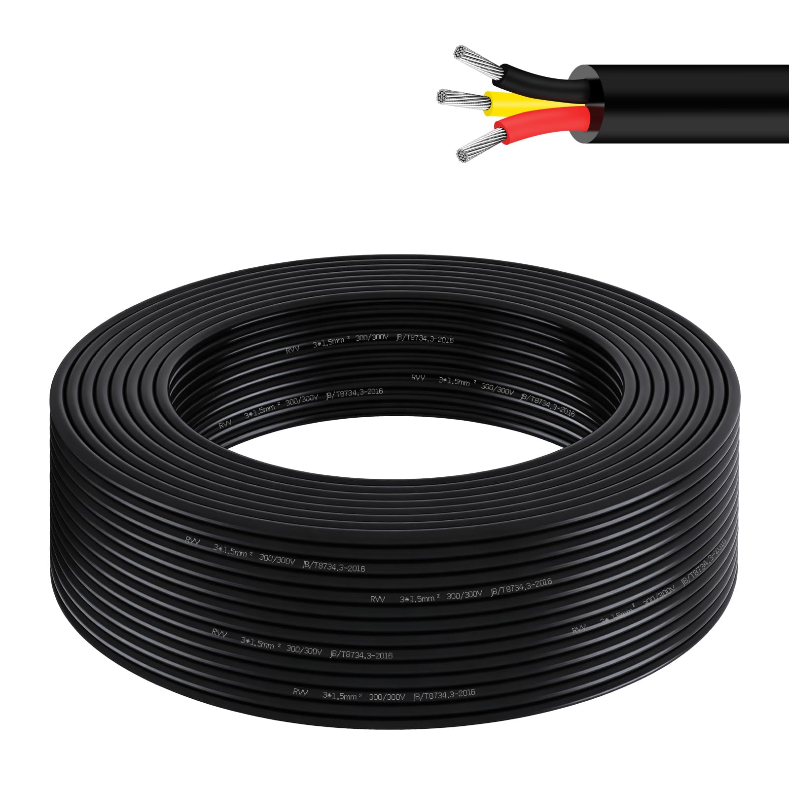 AOHEWEI 20 m 16AWG 3-żyłowy kabel, 3 x 1,5 mm², elastyczny, ocynkowany kabel miedziany, 5 V/12 V/24 V/300 V, niskonapięciowy kabel elektryczny do listew świetlnych LED, samochodów, na zewnątrz i