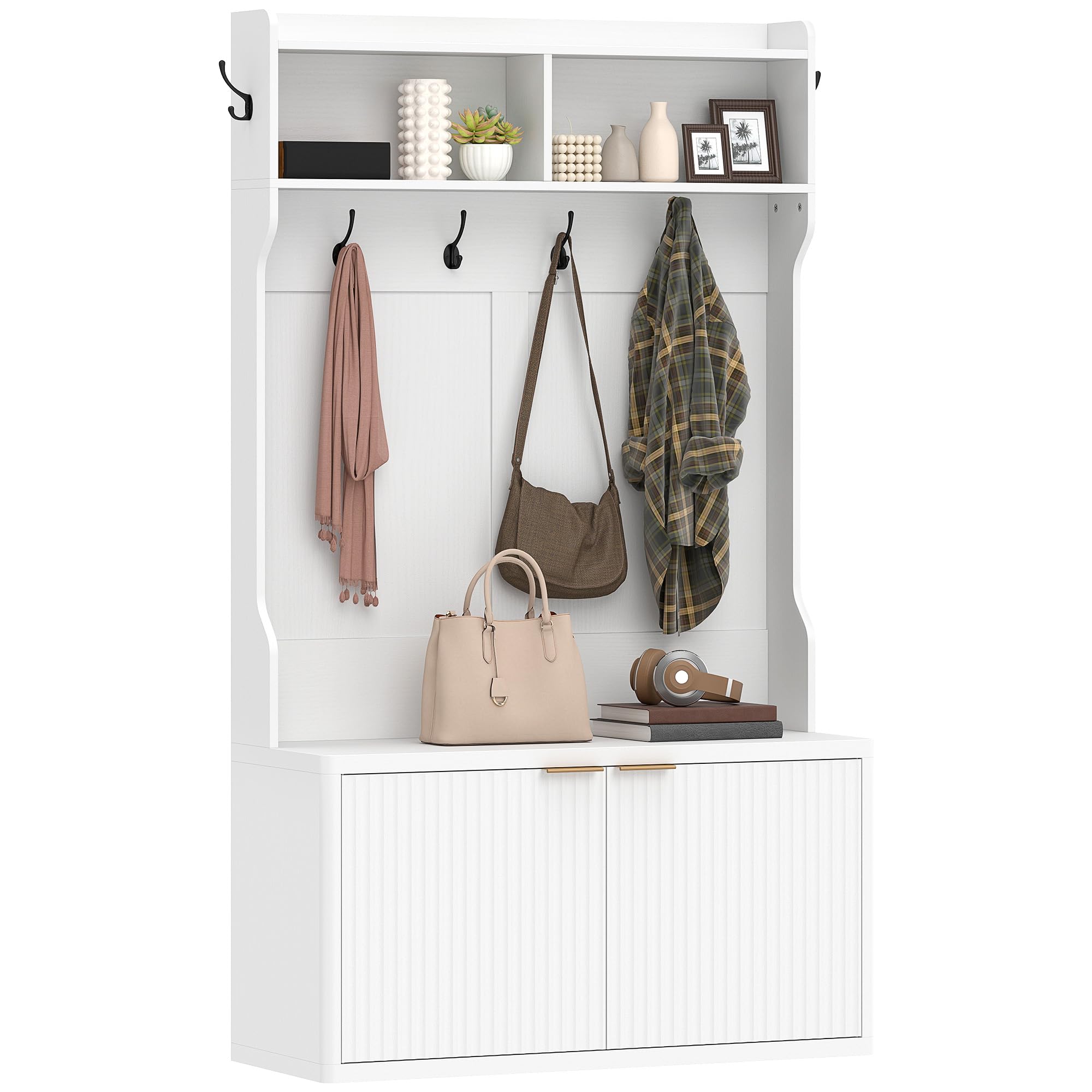 HOMCOM Perchero Zapatero con 2 Puertas y 6 Ganchos 100x38x172 cm Blanco | Perchero Recibidor Entrada, Estantes Abiertos, para Abrigos Pasillo Dormitorio Salón, Estilo Moderno