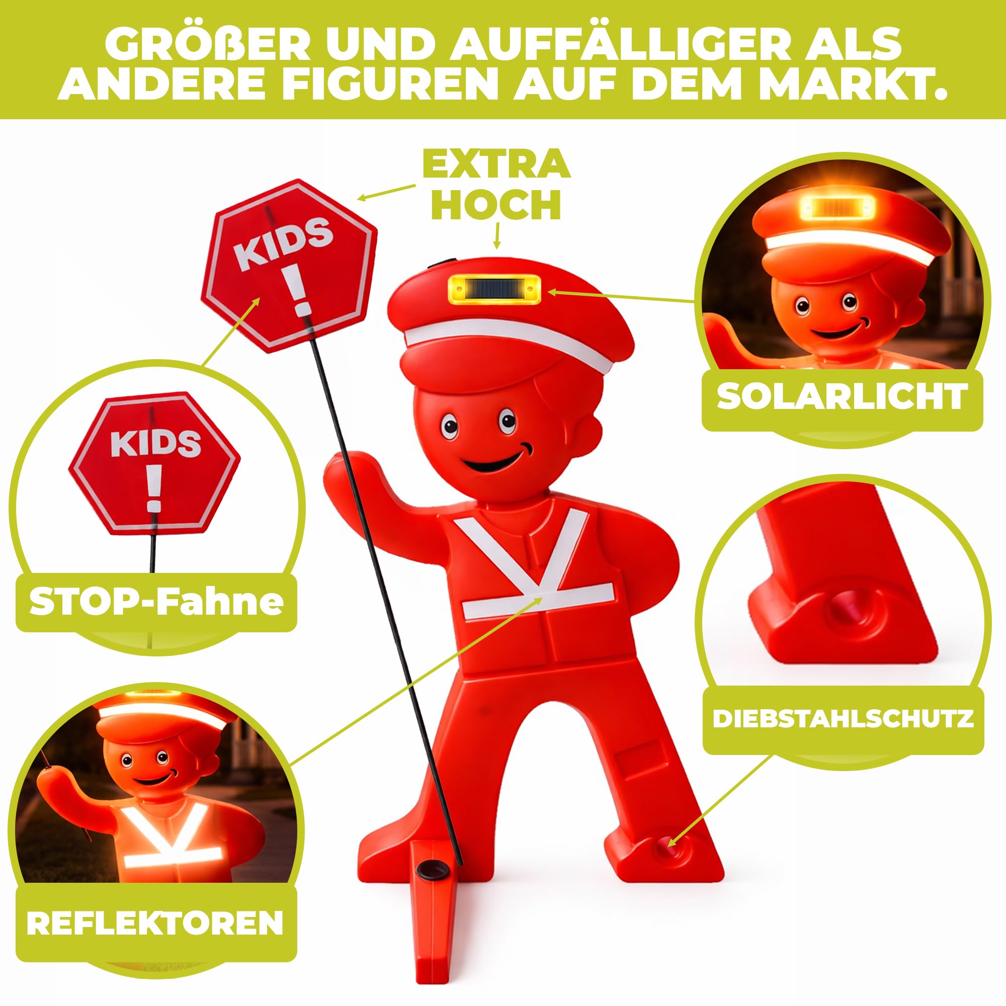 SafetyGuy Achtung Kinder Aufsteller mit Reflektoren | 120 cm Kinderwarnaufsteller mit Reflektoren, breitem Standfuß und optionalem Solarlicht für Einfahrt, Spielstraße