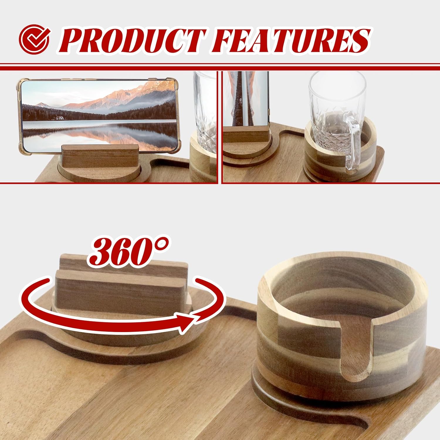 Couch Arm Table, Acacia Wood Sofa Arm Tray Clip on Couch Arm with 360°Rotated Phone Stand Drink Holer on Armrest