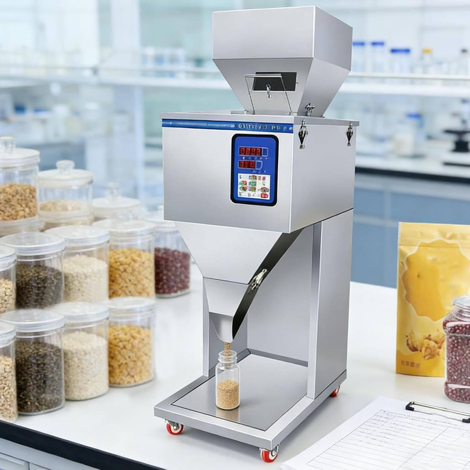 YEHOZZ 300W Powder Filling Machine, 10-999g/10-1500g Particle Filling Machine, Stainless Steel Granule Packing Machine for Coffee Beans, Rice, Tea, Seeds, Grains 10gto999g