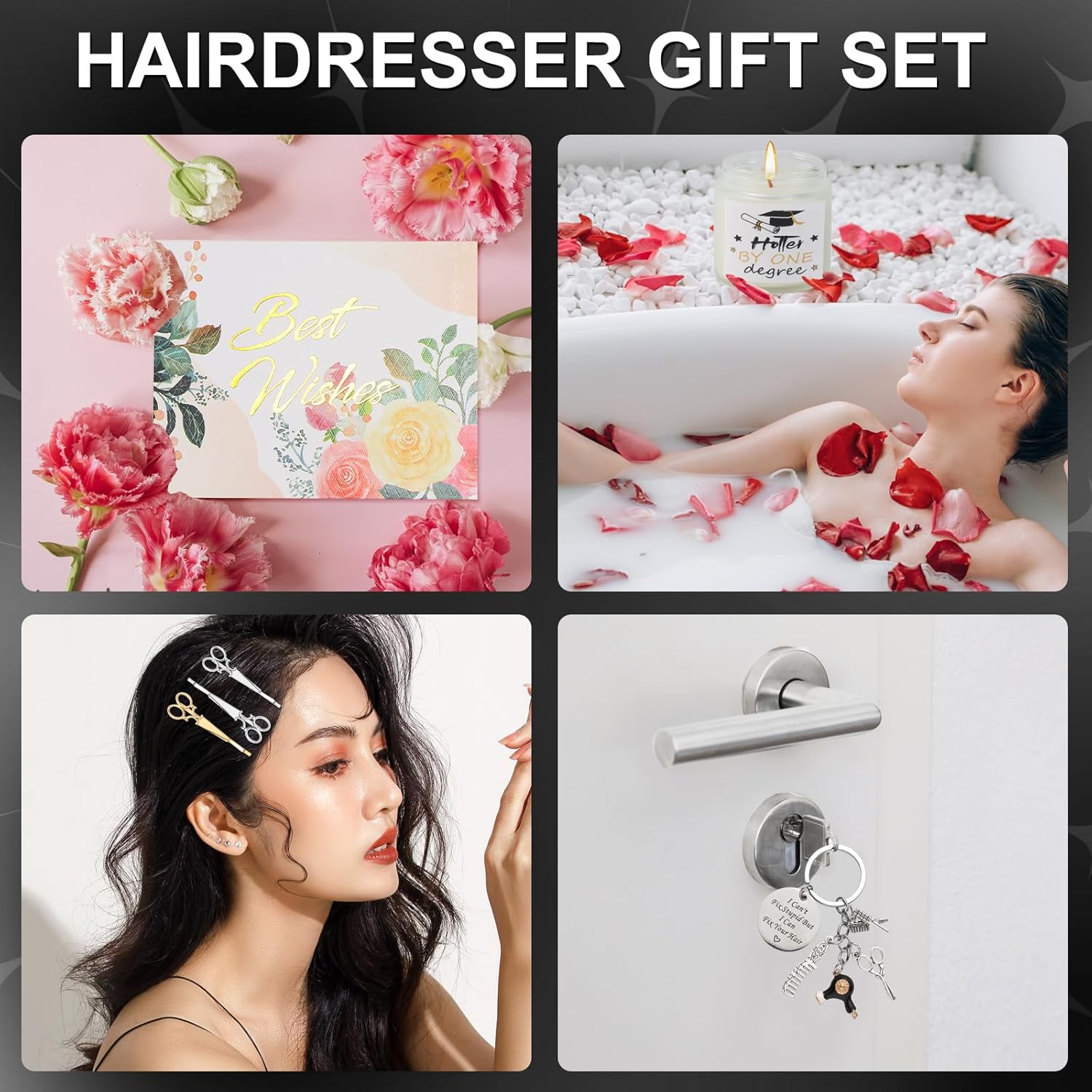 10 Pieces Hairdresser Gifts Set for Women Hair Stylist Appreciation Gift Christmas Gifts Set with Tumbler,Socks,Makeup Bag,Keychain,Candle,Scissor Hair Clips,Apron,Greeting Card (Glass Cup) - Image 5
