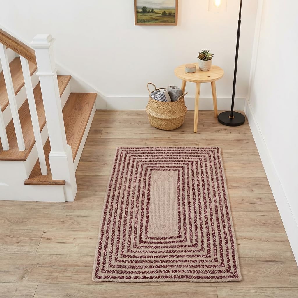 Cotton Braided Rug - 20" X 30" Beige and Burgundy Rectangle Woven Farmhouse Rug for Bathroom - Braided Minimalist Rugs for Kitchen - Rustic Primitive Rugs for Entryway