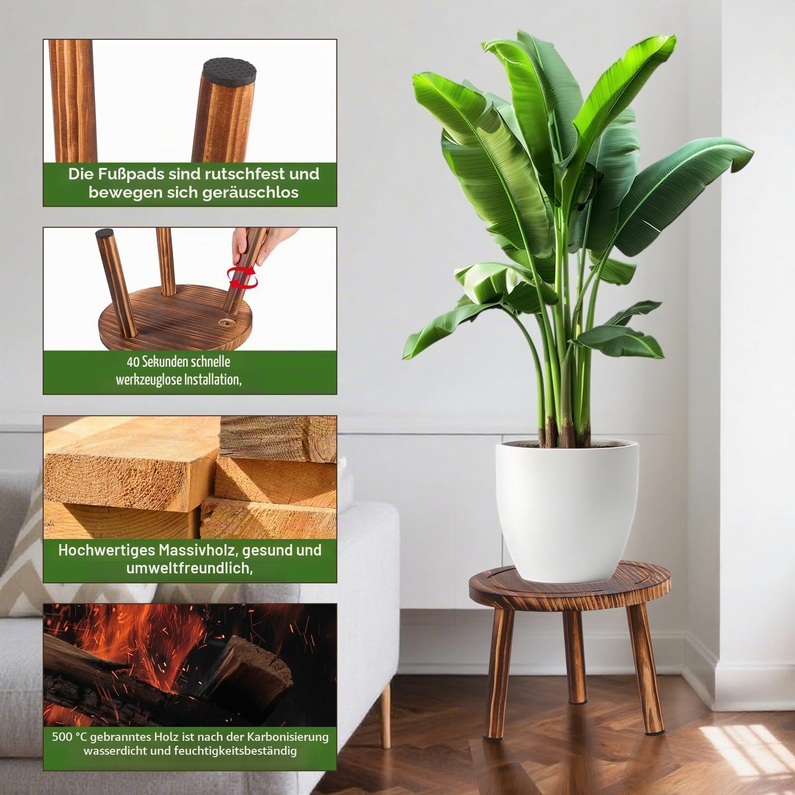 Blumenhocker Holz 3er-Set, 4"/7"/11" Höhe Blumenständer Pflanzenständer für Verschiedene Topfgrößen, Hocker Fußschemel Modernes Regal für Balkon Garten Wohnzimmer Deko Büro