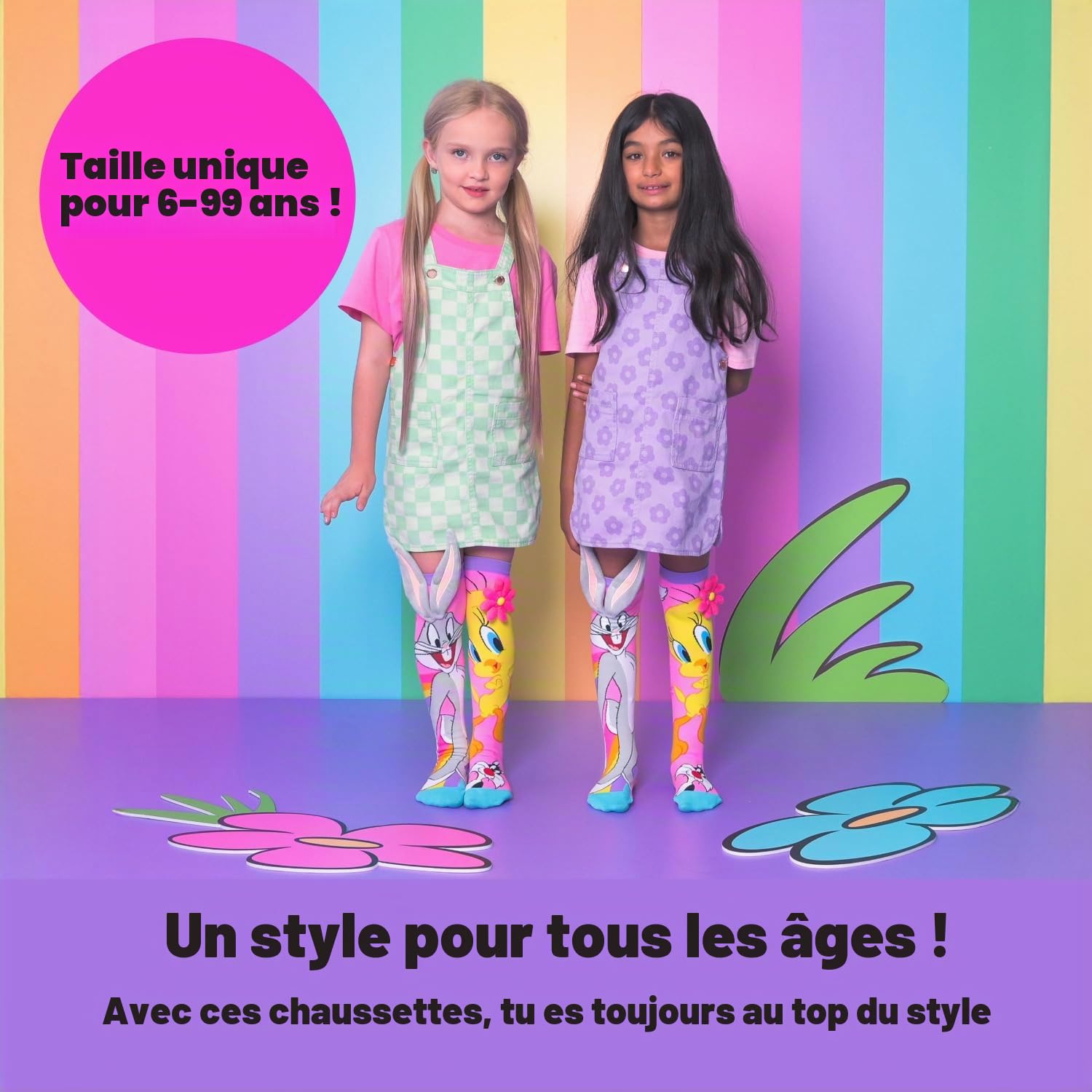 Madmia Chaussettes Looney Tunes Tweety & Bugs : chaussettes colorées avec applications 3D, pour enfants et adultes de 6 à 99 ans (29012MM), coloré, 6-99