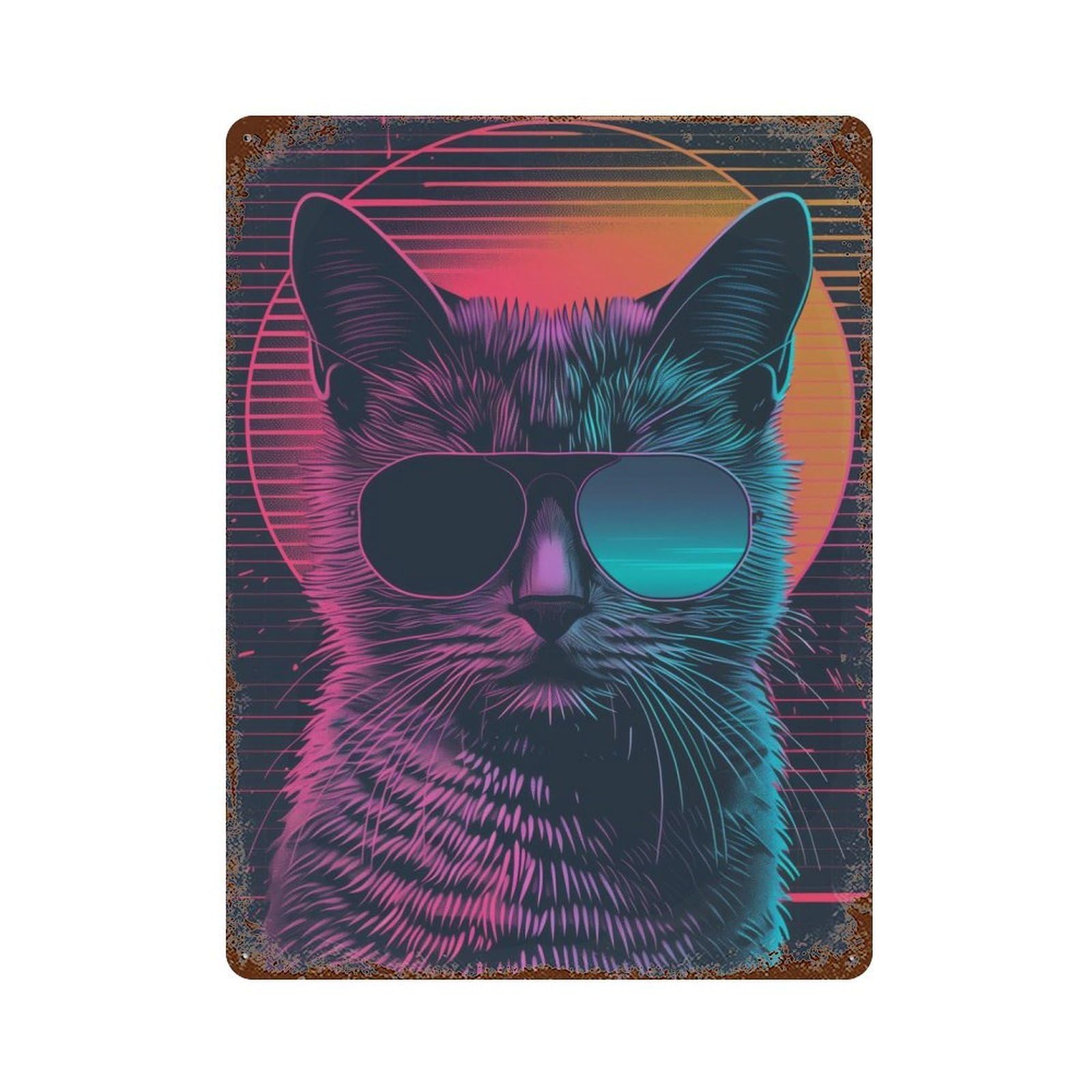 The Retrowave Cat Decorative Tin Sign 15.7"x11.8", Rustic Home Decor for Garage, Pub Or Kitchen