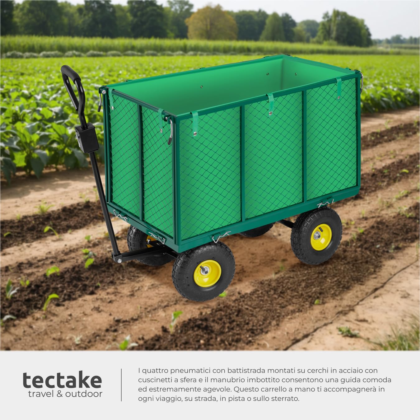TecTake® Carretto a mano con Maniglia Imbottita, Carrello con Ruote Portatutto, Pareti Laterali ad Apertura Rapida, Gancio Traino, Telo Interno Incluso, Portata 544 Kg - Verde