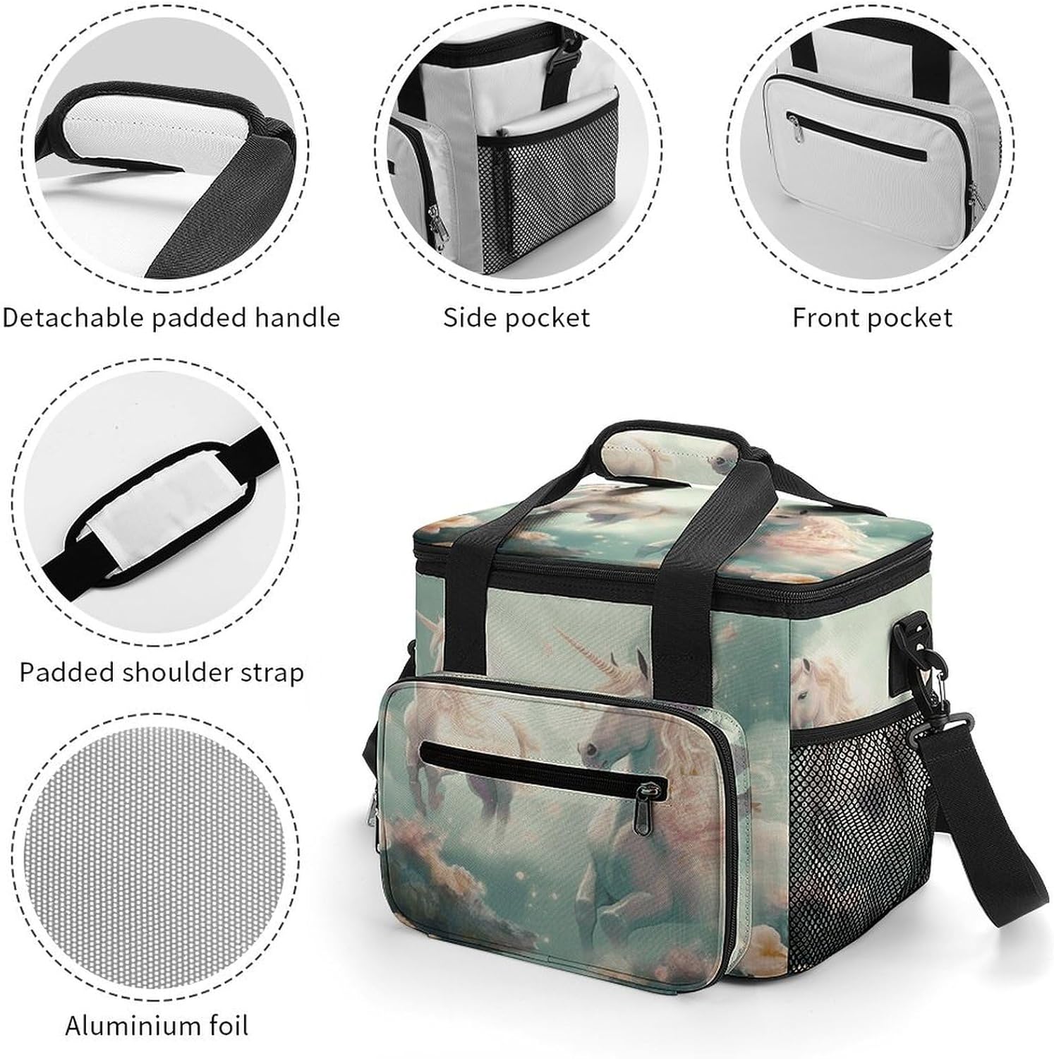 Camping Ice Pack, Unicorns Print Cooler Bag, 22.5L Large Capacity Insulated Lunch Tote Bag for Outdoor, Picnic, BBQ, Travel, Work