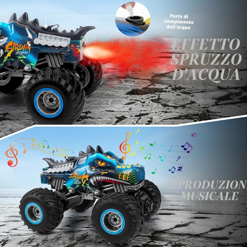 Macchina Telecomandata 1:16 Dinosauro RC Monster Truck 2.4 GHz 20 Km/h Auto Telecomandata con Nebbia Spray Musica Luci LED Auto Radiocomandata RC Auto per Bambini di 4 5 6 7 8 anni