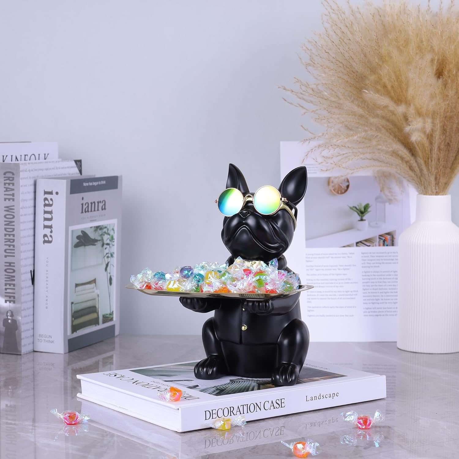 suruim French Bulldog Gifts Key Holder Candy Dish Tray Home Decor Resin Butler Statue Key Bowl Entryway Table Frenchie Dog Sculpture Dining Table Decor Office Small Object Tray (Black) - Image 5