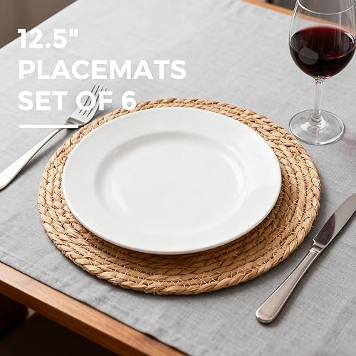 Miniatura 2 de Juego de 6 manteles individuales redondos tejidos de 12.5 pulgadas, manteles individuales de ratán natural, cargadores bohemios para platos de cena,