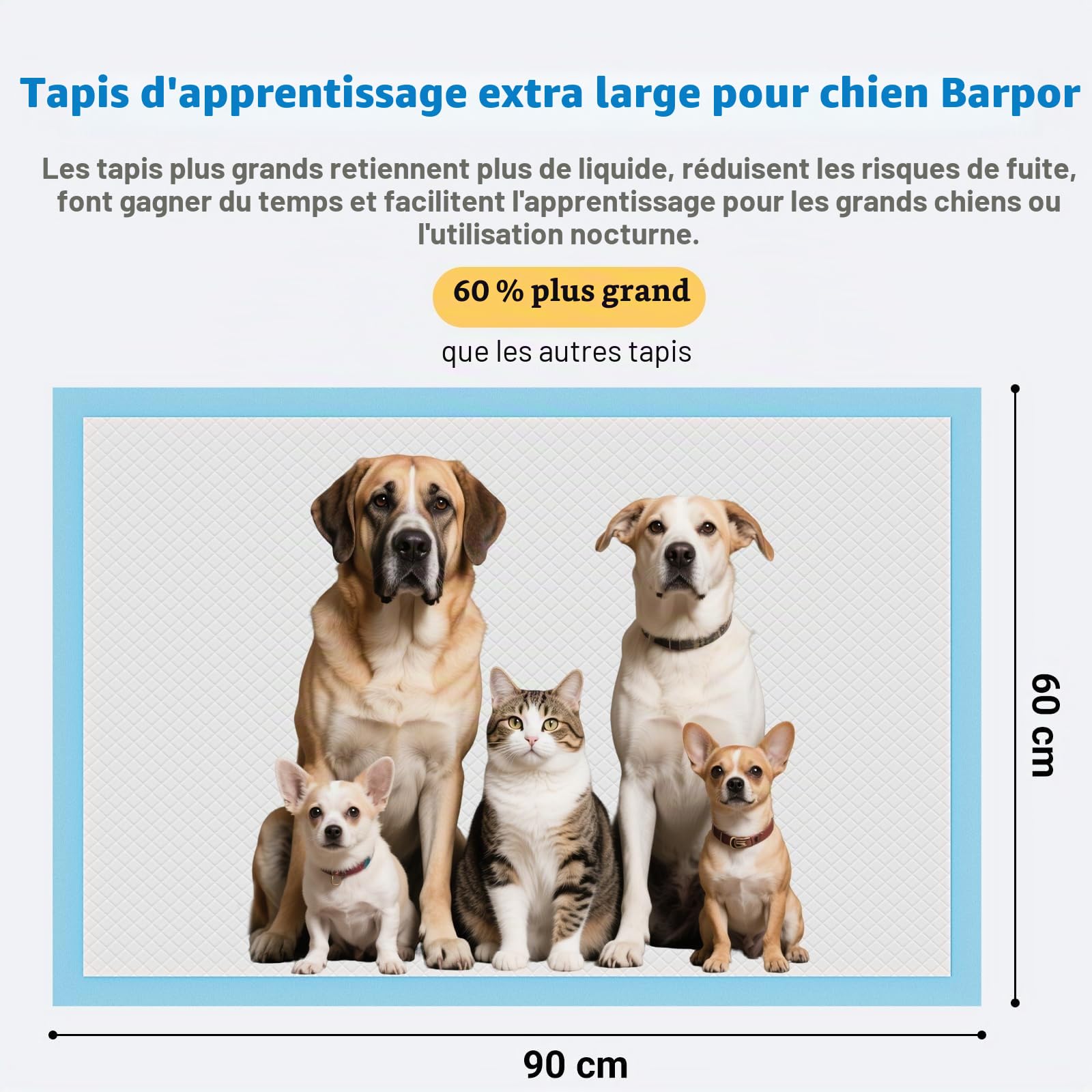 Alaise pour Chien 60x90cm - 40 Pièces Tapis Educateur Chiot, Alèses Jetables Ultra Absorbantes, 6 Couches Anti-Fuite Séchage Rapide, Anti-Dérapant, Idéal Chiens Moyens & Grands, Intérieur