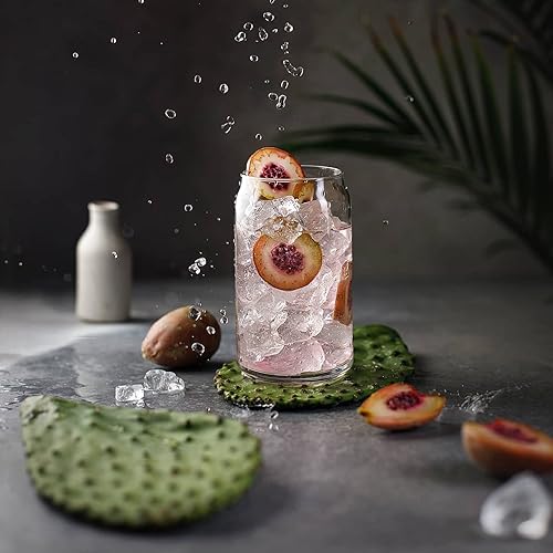 Miniatura 6 de Juego de 4 vasos en forma de lata con tapas y pajitas de bambú – Vasos de agua transparentes de 16 onzas para café helado, té, cócteles, whisky,