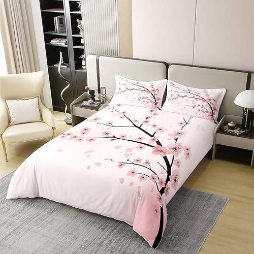 Miniatura 2 de Juego de ropa de cama de 100 % algodón natural con diseño de flores de cerezo, funda de edredón de flores de estilo japonés para niños, niñas,