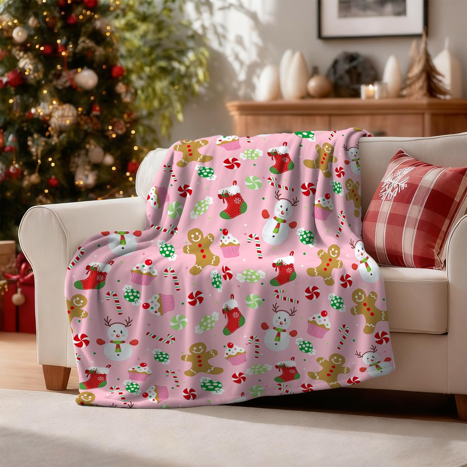 Christmas Pink Throw Blanket, Gingerbread Snowman Fuzzy Blanket, Christmas Candy Cupcakes Holiday Soft Cozy Flannel Blanket for Bed Couch Sofa, 50x60 Inches