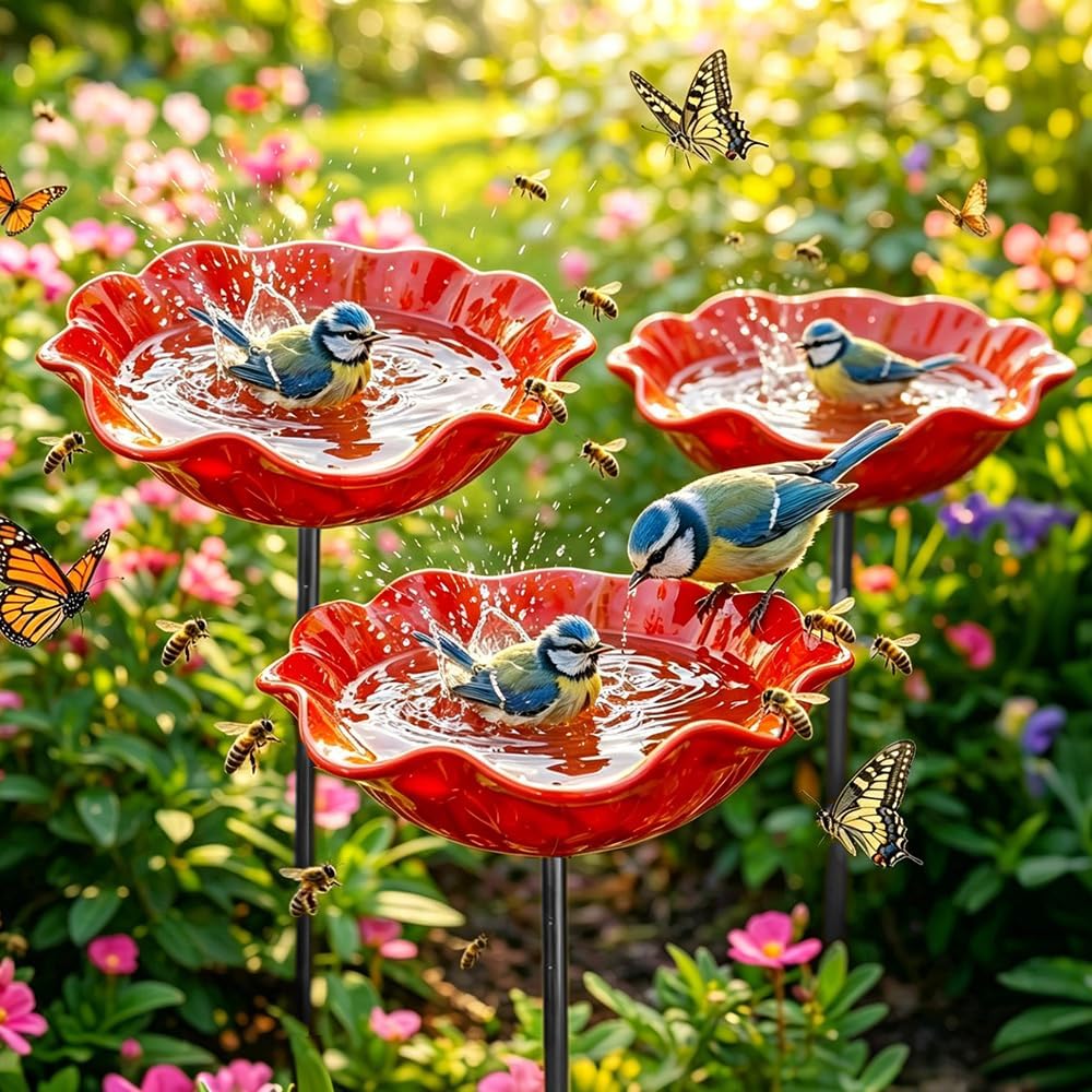 Handmade Metal Flower Garden Stake with Bird Bath, Bee Watering Station for Outdoors, Decorative Butterfly Feeder Pollinator Watering Bowl (2)