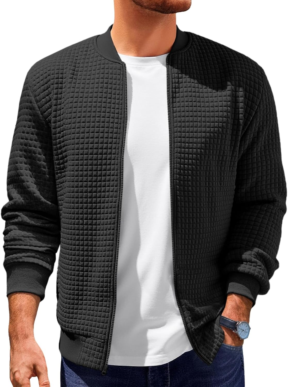 Runcati Mens Bomber Jacket Casual Lightweight Varsity Jackets Waffle Full Zip Coat