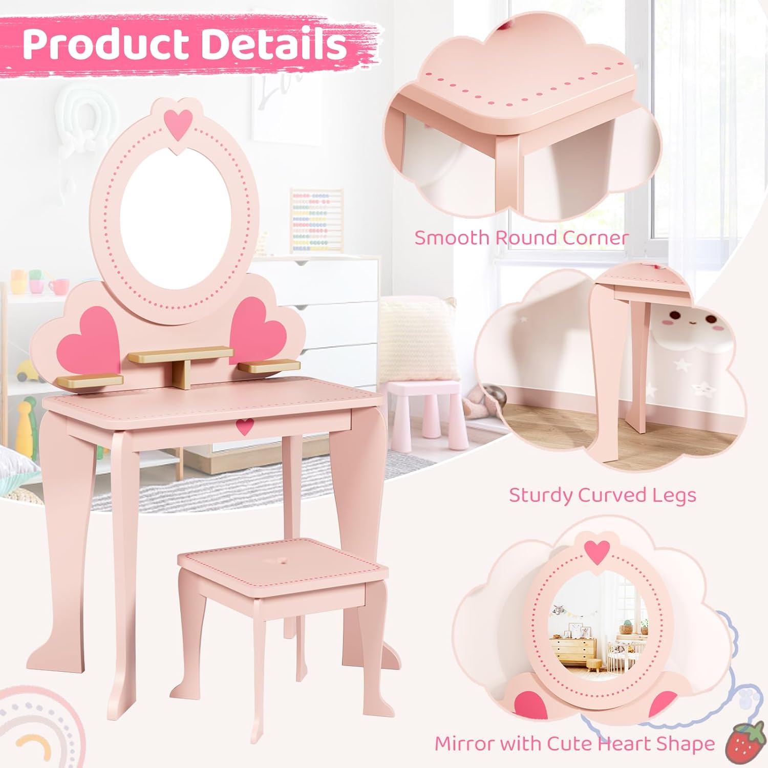 Arlopu Kids Vanity Table and Chair Set, Toddler Pretend Play Dressing Makeup Table with 8 Pcs Accessories, Open Shelves, Mirror&Stool, 2-in-1 Convertible Princess Wooden Toys for Little Girls (Pink)