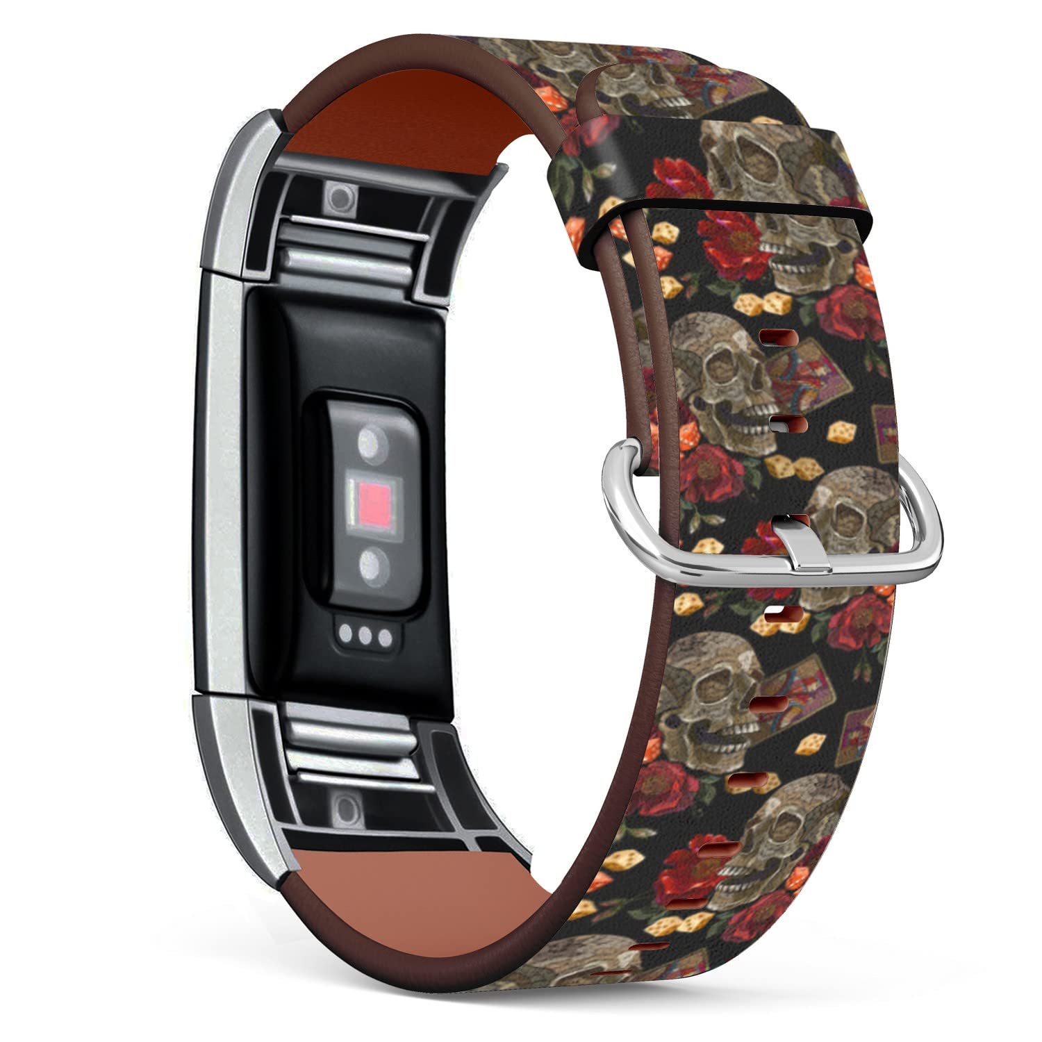 Compatible with Fitbit Charge 2, Patterned Leather Replacement Band (Embroidery Skull and Playing Cards Pattern)