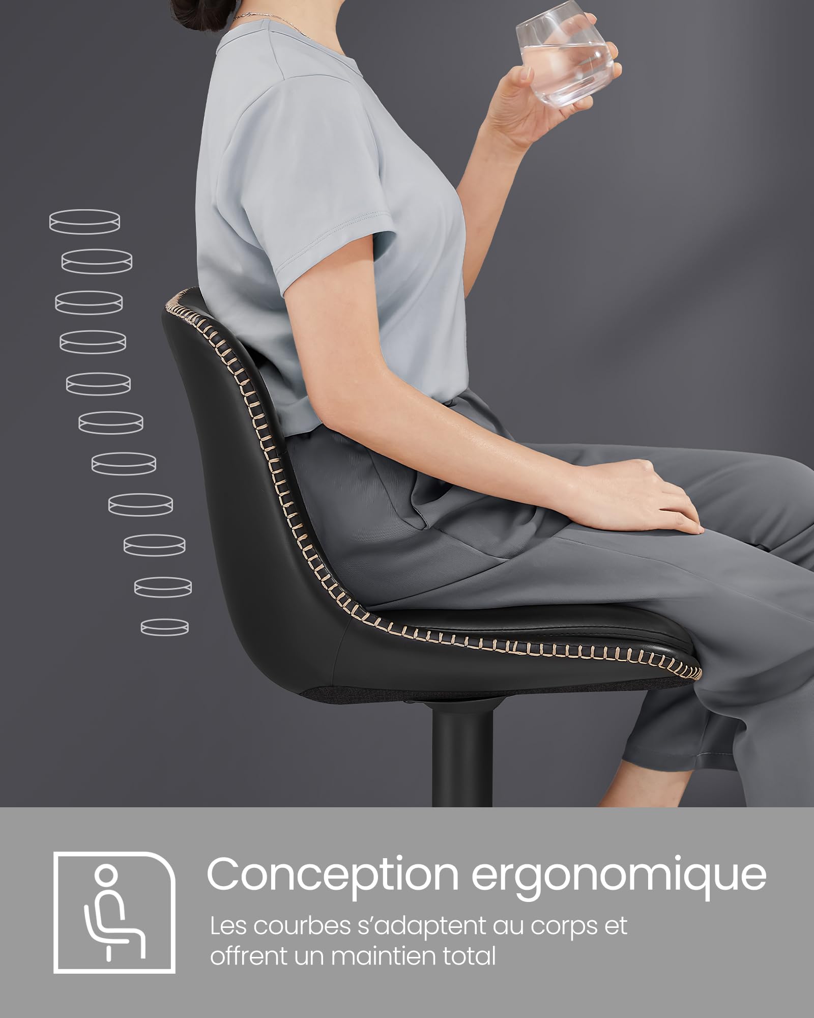 VASAGLE Tabourets de Bar, Lot de 4, Chaise de Cuisine, Siège Pivotant à Hauteur Réglable, Matelassé, en PU, avec Dossier et Repose-Pieds, Salle à Manger, Comptoir, Acier, Noir d'encre LJB295B01