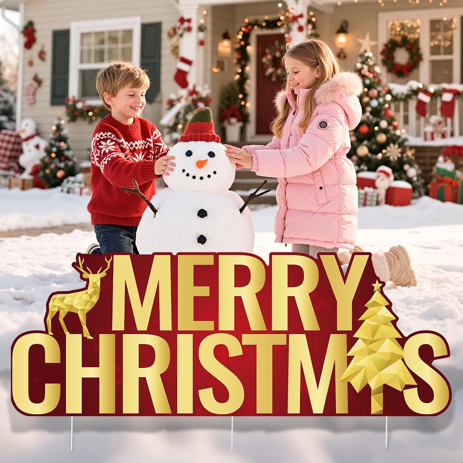 Christmas Yard Decorations Merry Christmas Yard Sign with Stakes Outdoor Xmas Tree Lawn Sign Decor Waterproof Red and Golden Reindeer Garden Decor for Xmas Winter Holiday Outside Pathway Supplies