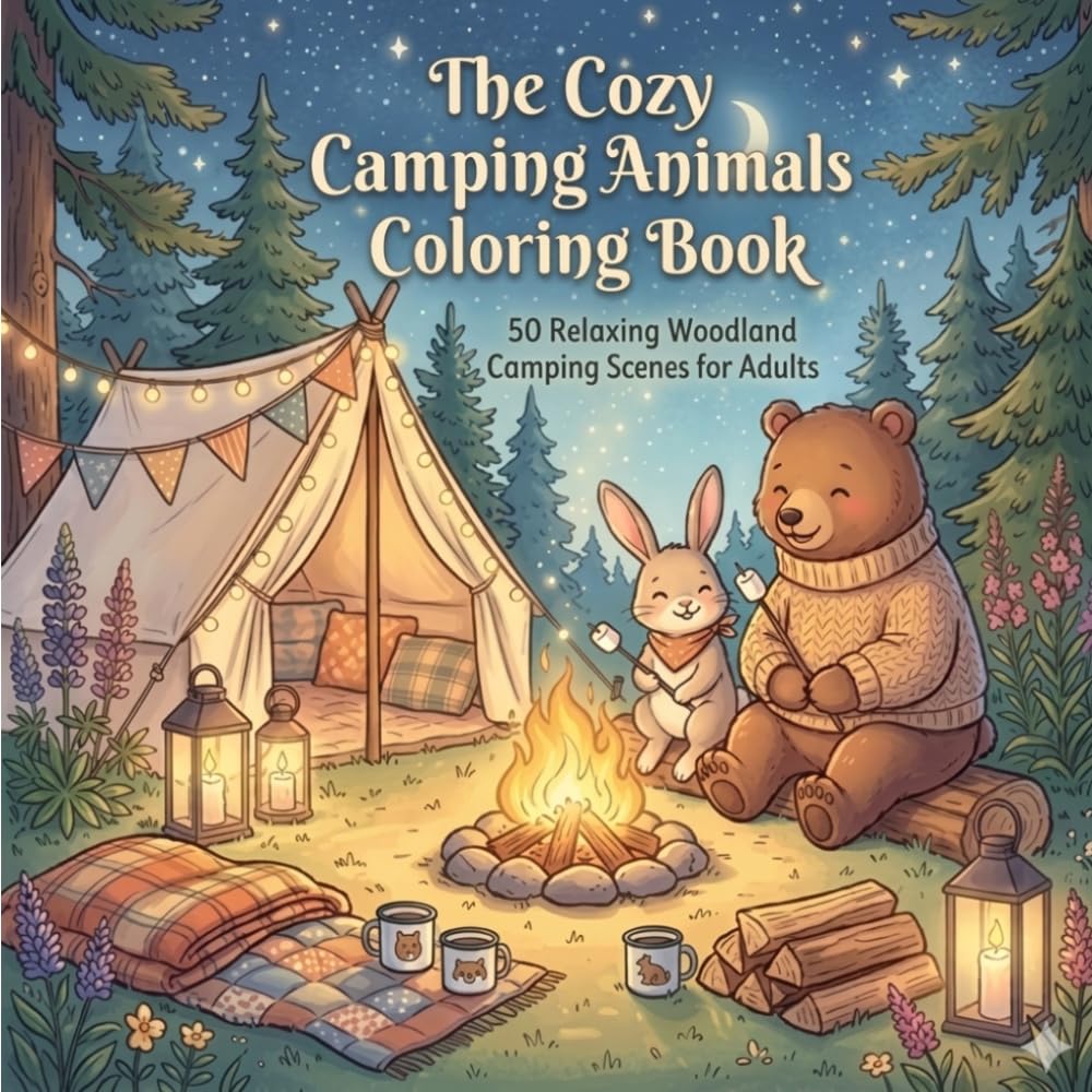The Cozy Camping Animals Coloring Book: 50 Relaxing Woodland Camping Scenes for Adults