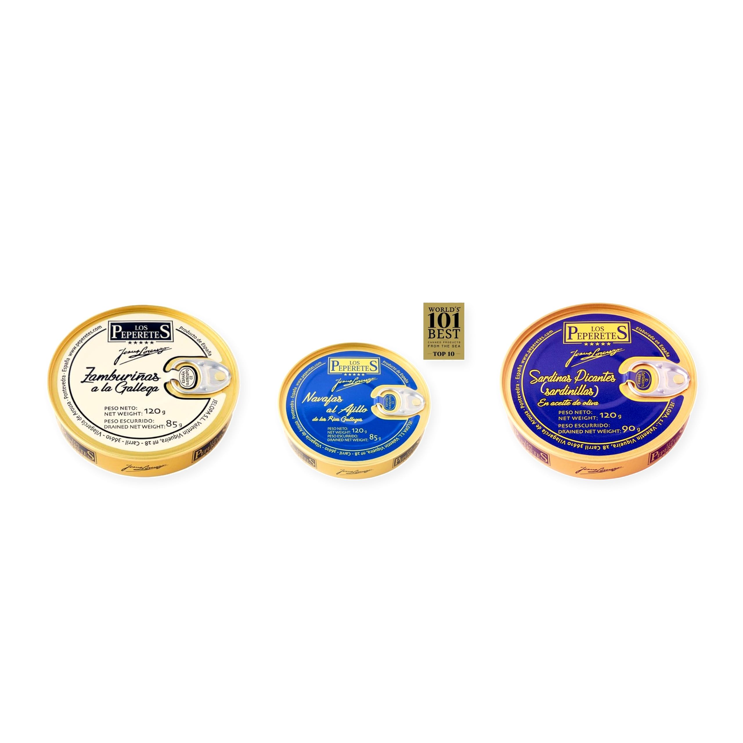 los peperetes conservas Zamburiñas Gallega, Navajas Ajillo y Sardinillas Picantes pack 3 latas