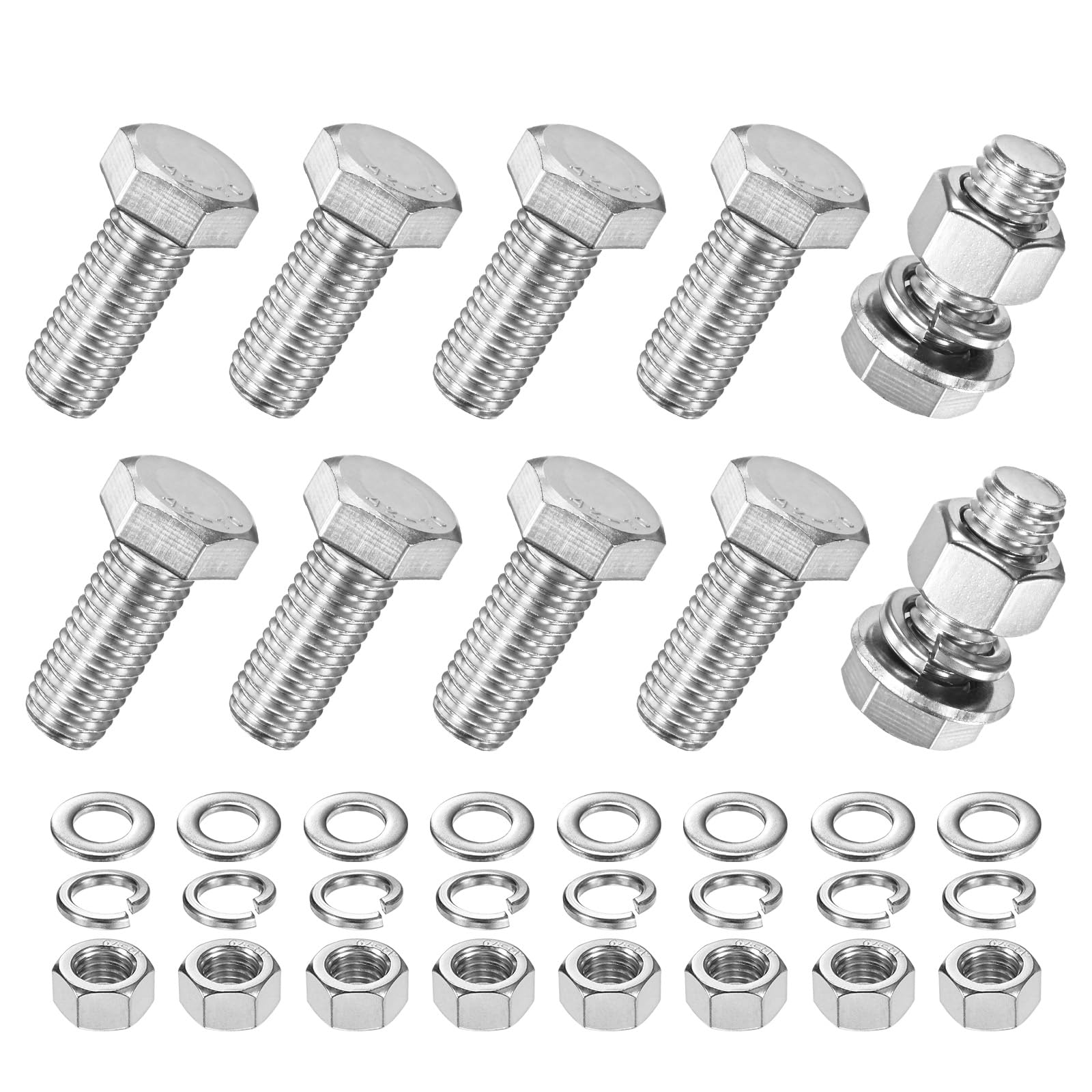 M METERXITY 10-Pack Hex Head Screw Bolt with Nuts Flat & Lock Washers M12x30mm Stainless Steel Bolts and Nuts Kit Fully Threaded Metric Bolt Assortment for Equipment/Machinery