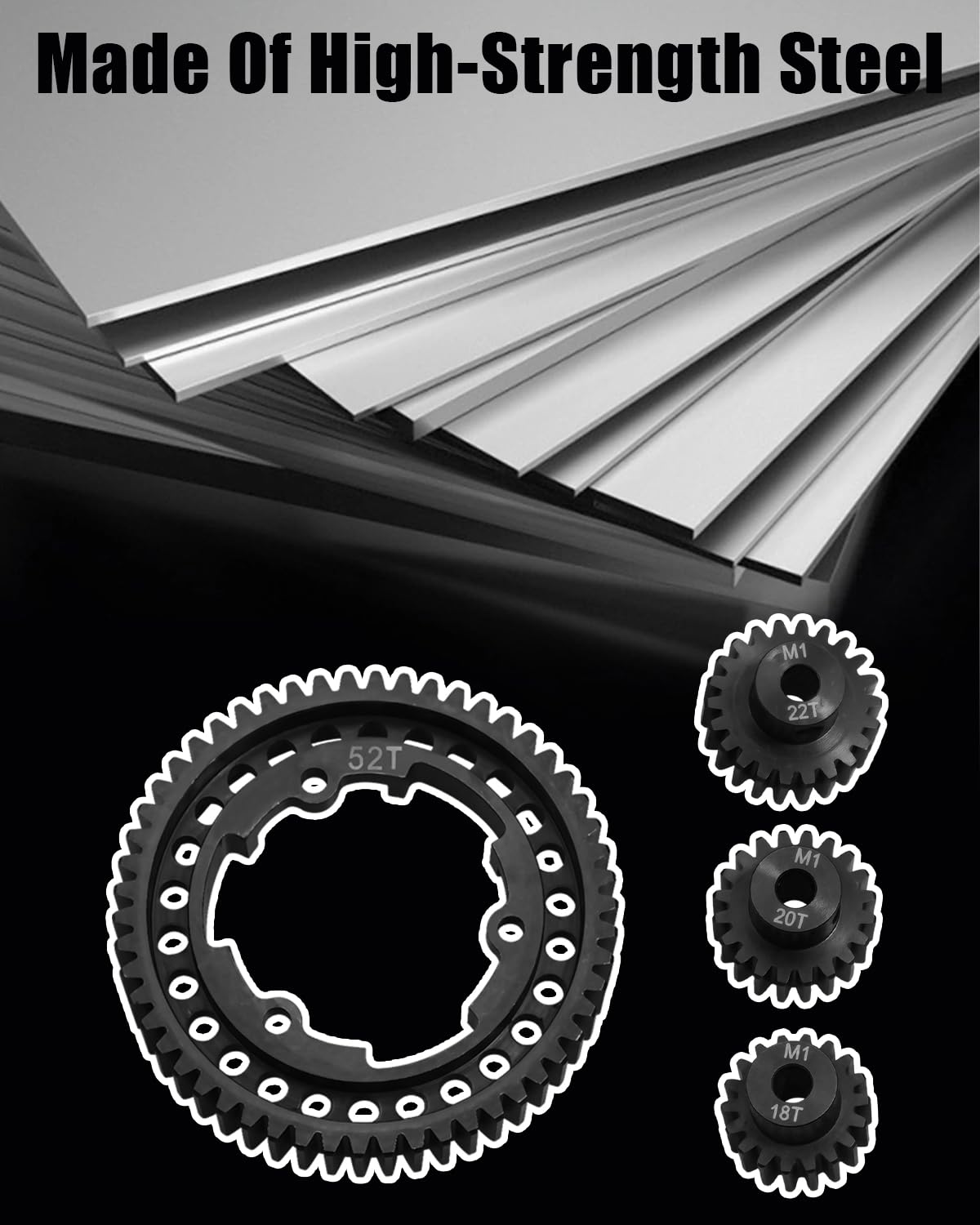52T Hardened Steel Spur Gear Set with 18T 20T 22T 52T Fit for Traxxas 1/5 X-Maxx Traxxas 1/7 XO-1 Traxxas 1/10 Maxx Traxxas 1/10 E-REVO 2.0 VXL Replace 6447 (52T) Metal Gears