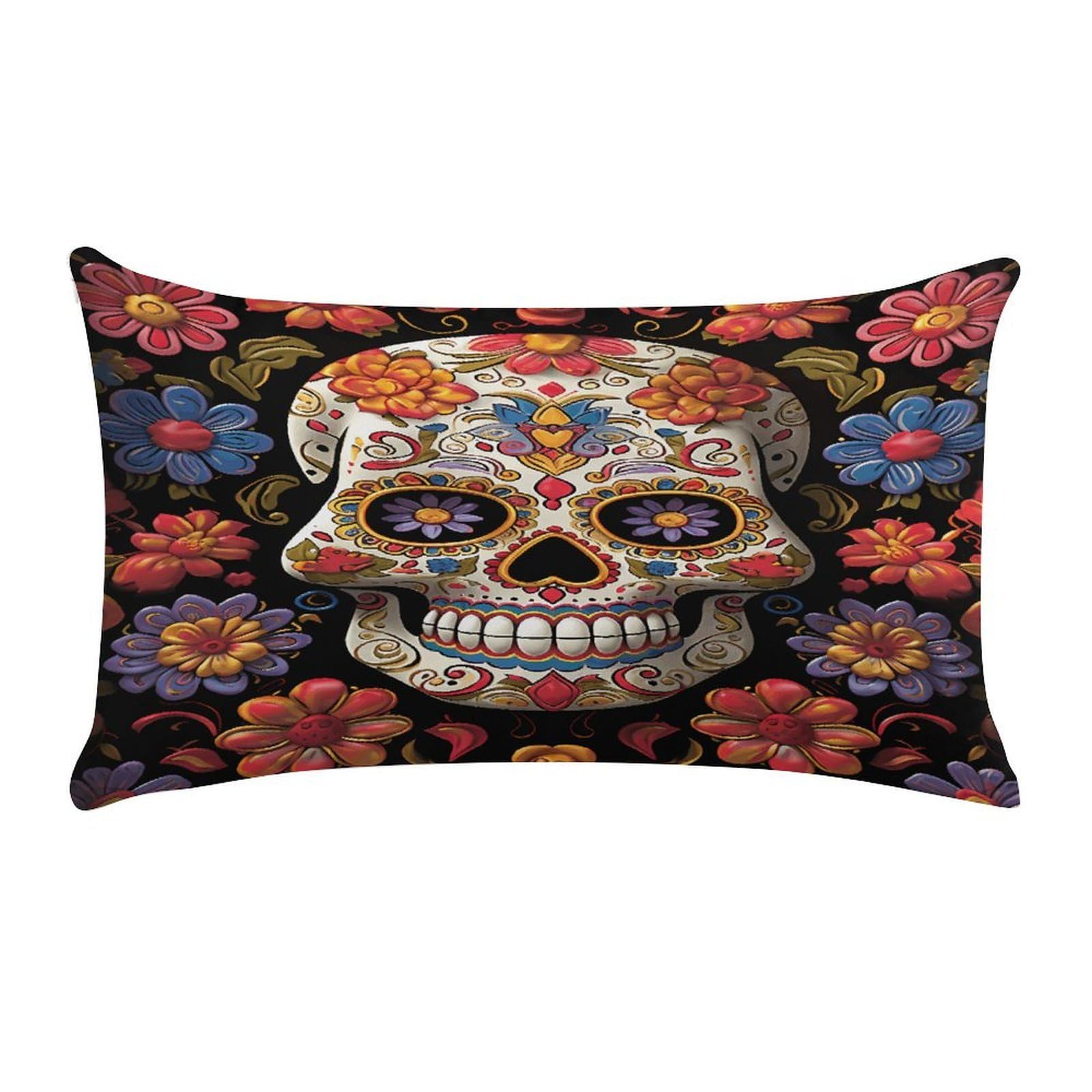 VstaDank Sugar Skulls Throw Pillow Cover Rectangular Lumbar Throw Pillow Case Soft Farmhouse Accent Decorative Cushion Cases Short Plush Pillowcase with Zipper 12 X 20 Inch