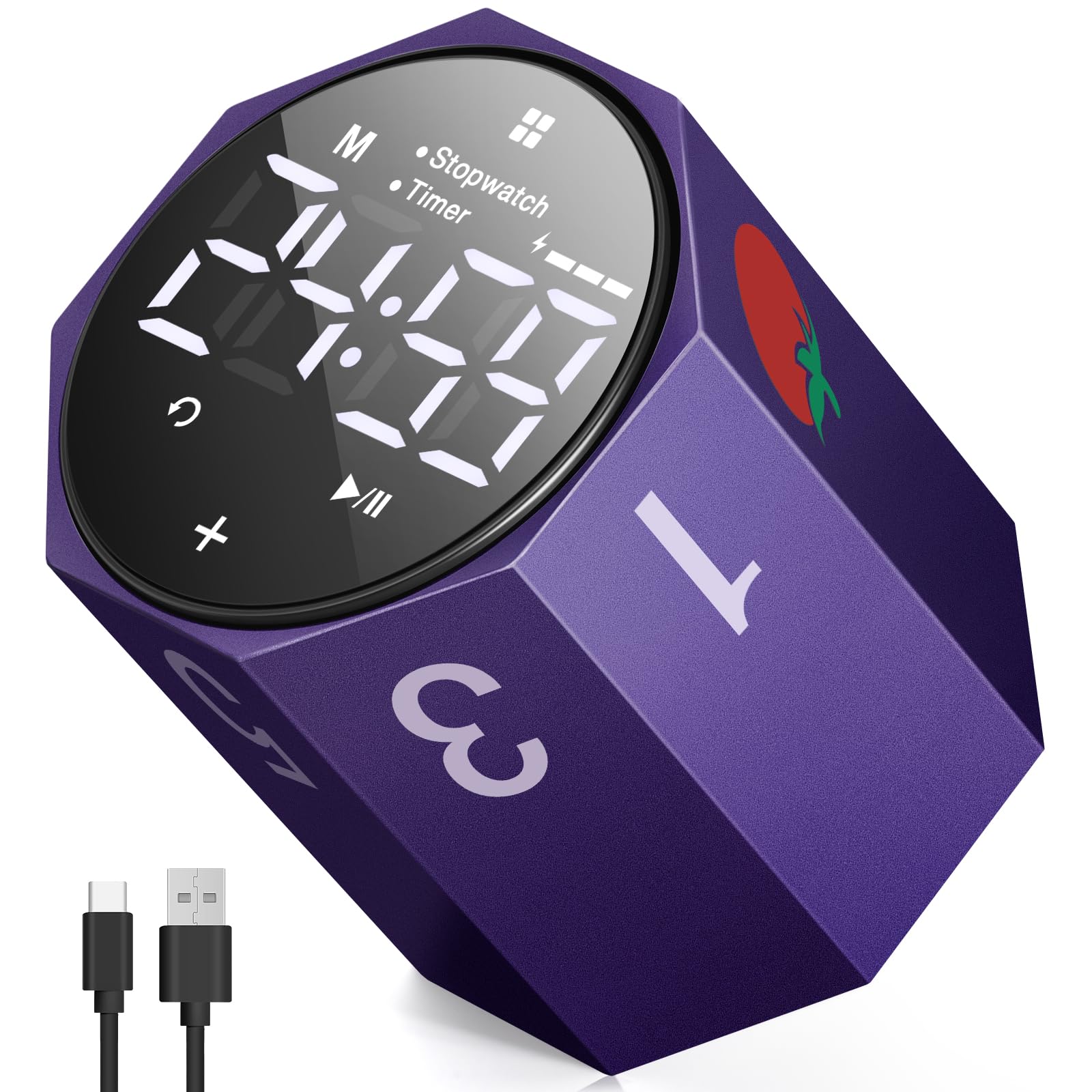 Digital Pomodoro Timer,Frosted Metal Productivity Cube Timer,1.8 In LED Digital Large Screen,Auto-rotating Display,1/3/5/10/25/30/60min & Custom Time, Silent & Alarm,for Office, Study, Work(Purple)