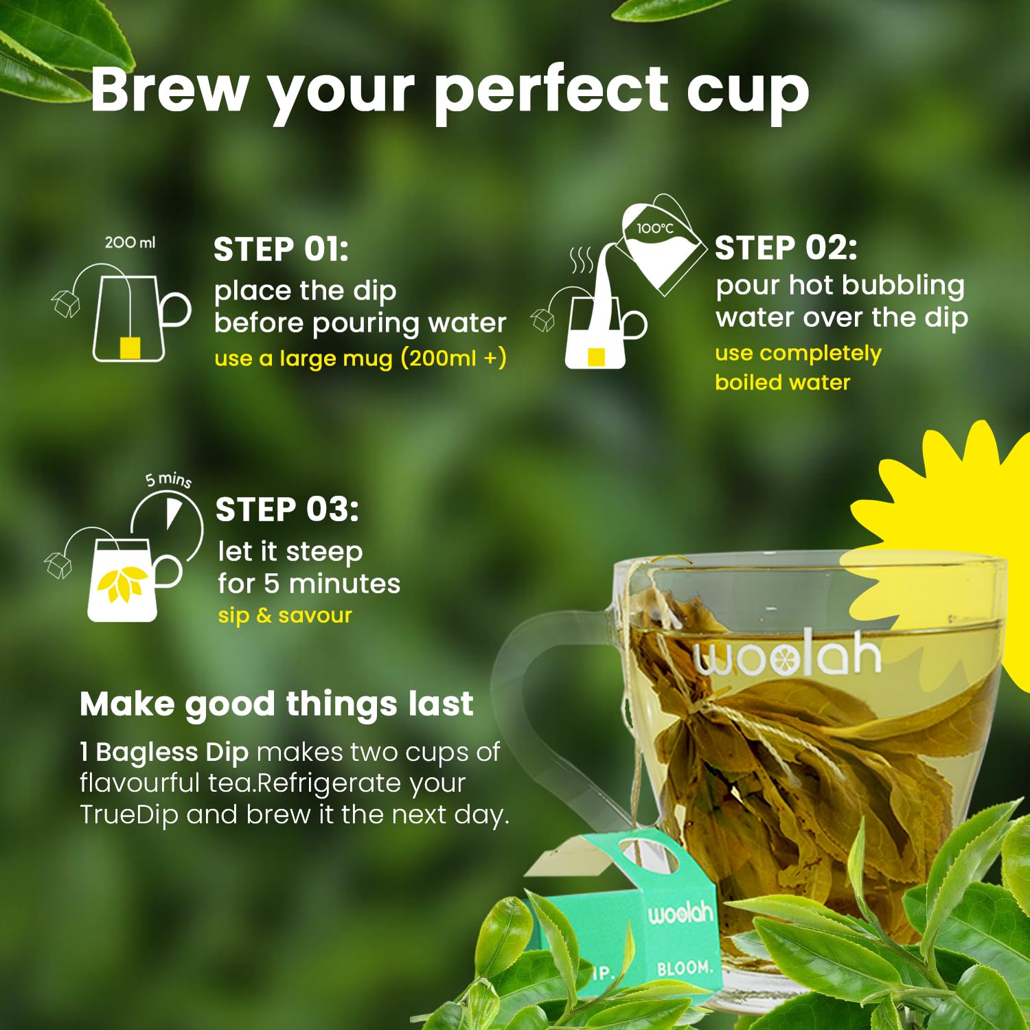 Woolah Rare Assam Green Tea With Tulsi, Organic Bagless Tea Dip (8 Packs = 120 Dips /240 Cups) 100% Plastic Free, Natural Whole Leaf, High Antioxidants Supports Weight Management, Improves Skin, Improves Digestive & Heart Health. — Amazon image 5