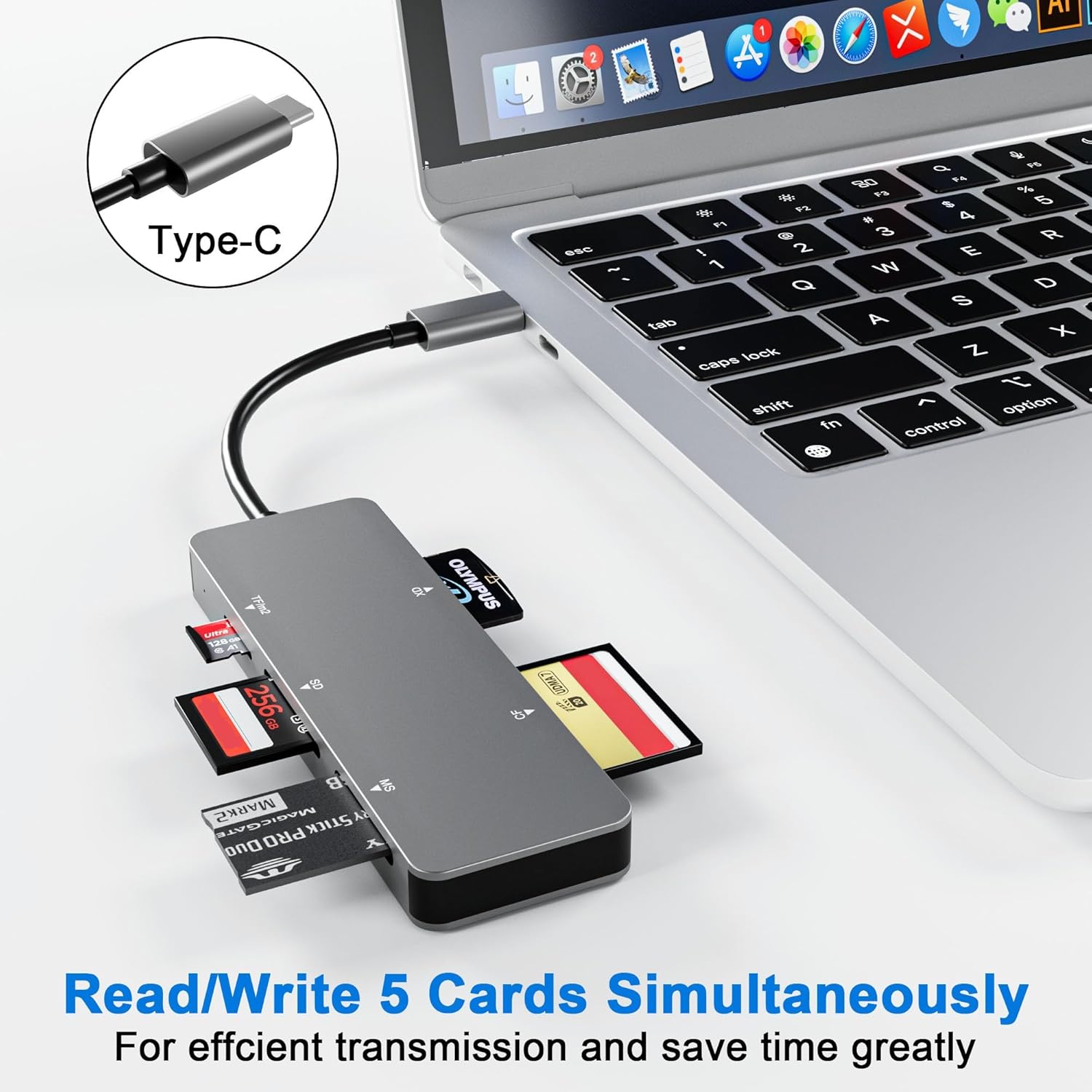 USB-C XD Picture Card Reader, 5Gbps 6-in-1 High Speed Card Reader for TF/SD/MS/M2/XD/CF, USB C XD Memory Card Reader Compatible with Olympus & Fujifilm XD Cards (1GB/2GB)