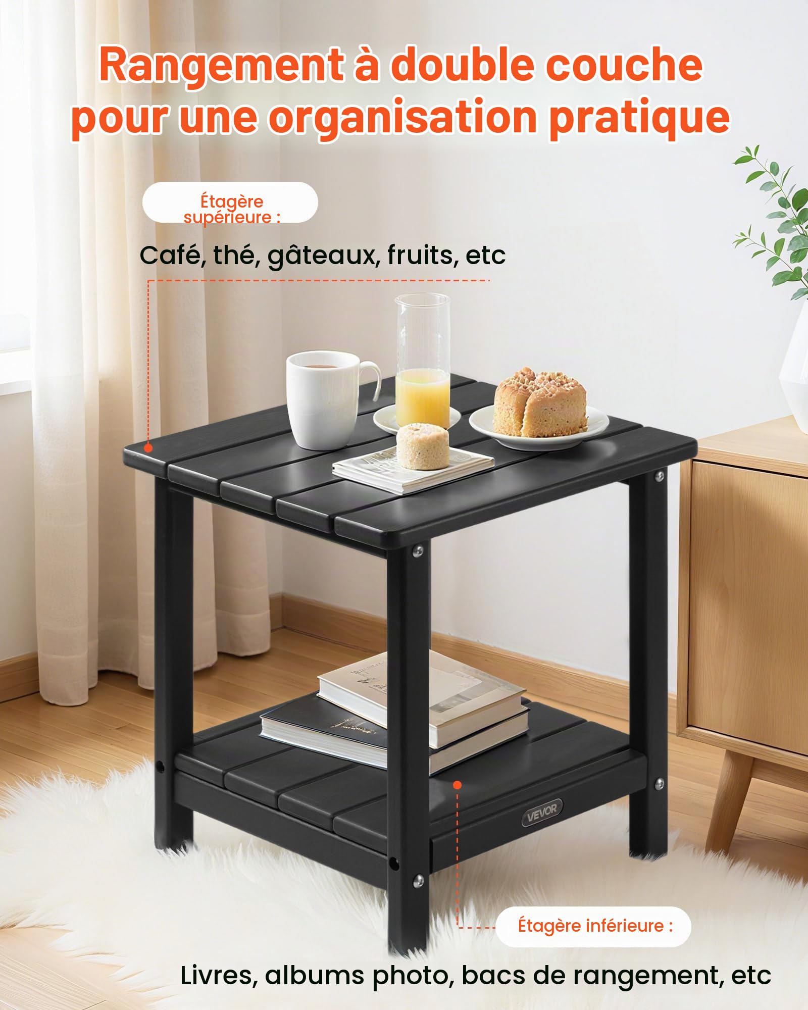 VEVOR Table d'Appoint Extérieur Jardin, 2 Niveaux, 45 x 38 x 44 cm, en PEHD, Entretien Facile, Résiste aux Intempéries, pour Terrasse, Bord de Piscine, Plage, Porche, Patio, Balcon, Intérieur, Noir