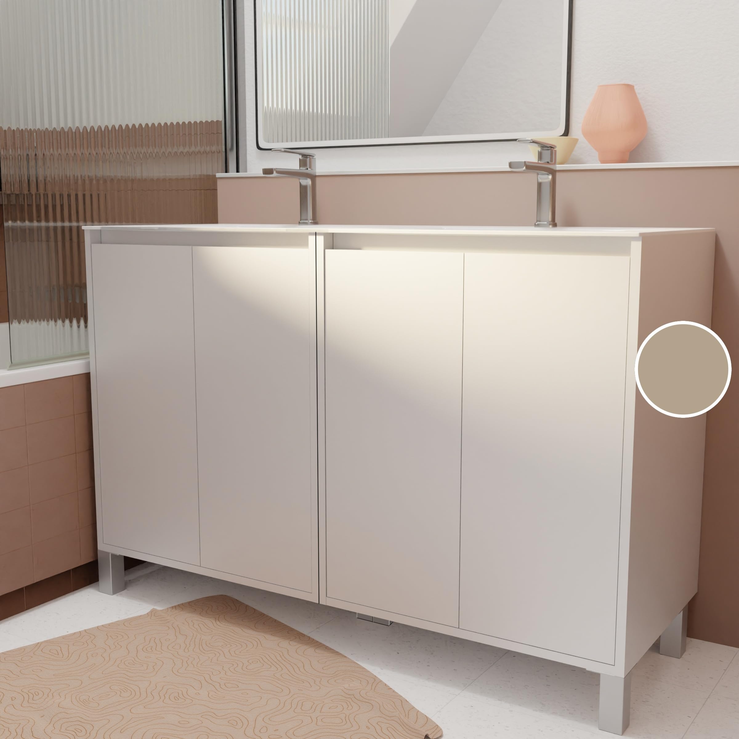 Pack Meuble Salle de Bains 120 cm Laqué Blanc, 4 portes avec Vasque Céramique - XENOS
