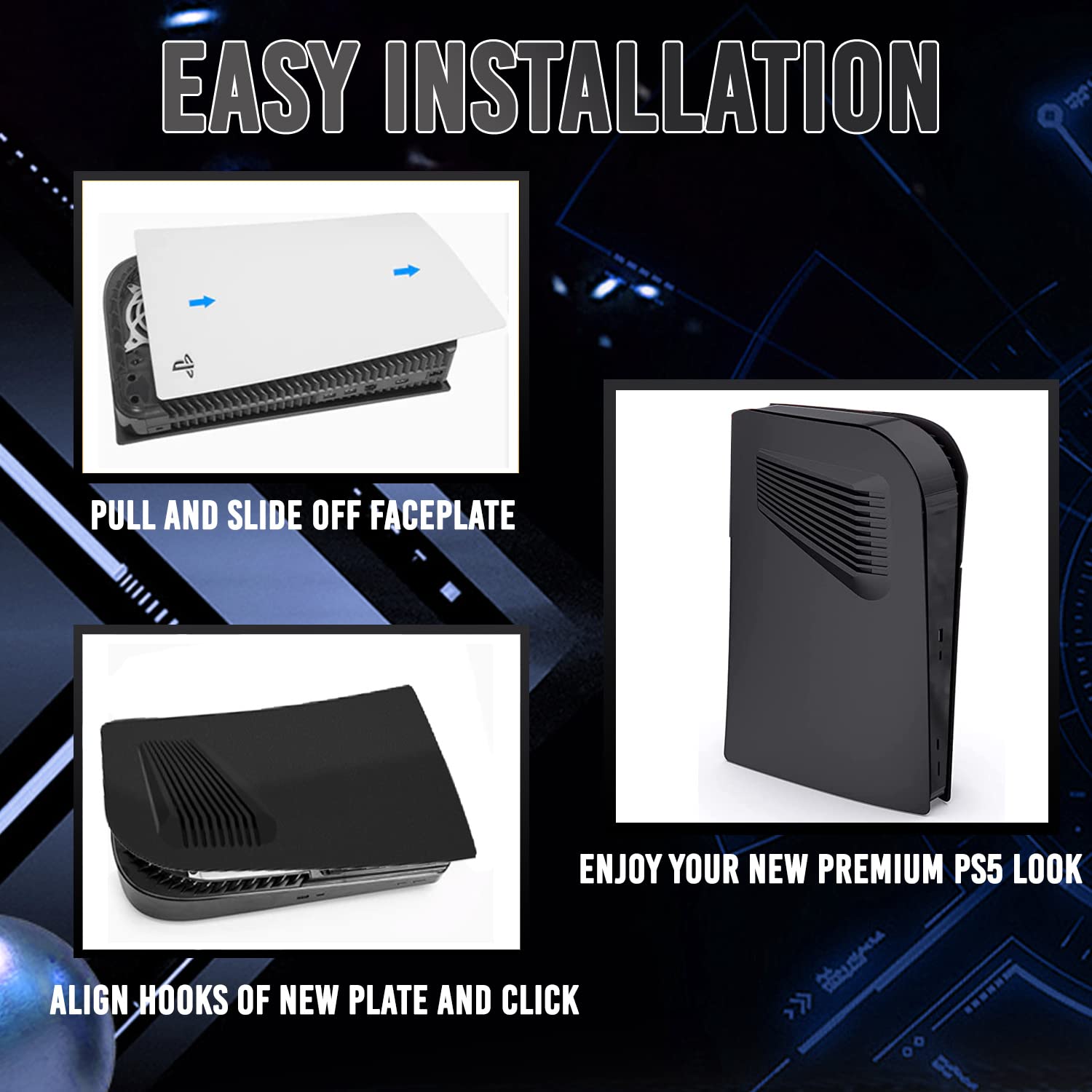 ElitePlay Placa frontal digital PS5 negra con rejillas de ventilación de refrigeración, placas de repuesto curvadas, accesorio para Playstation 5 Digital Edition